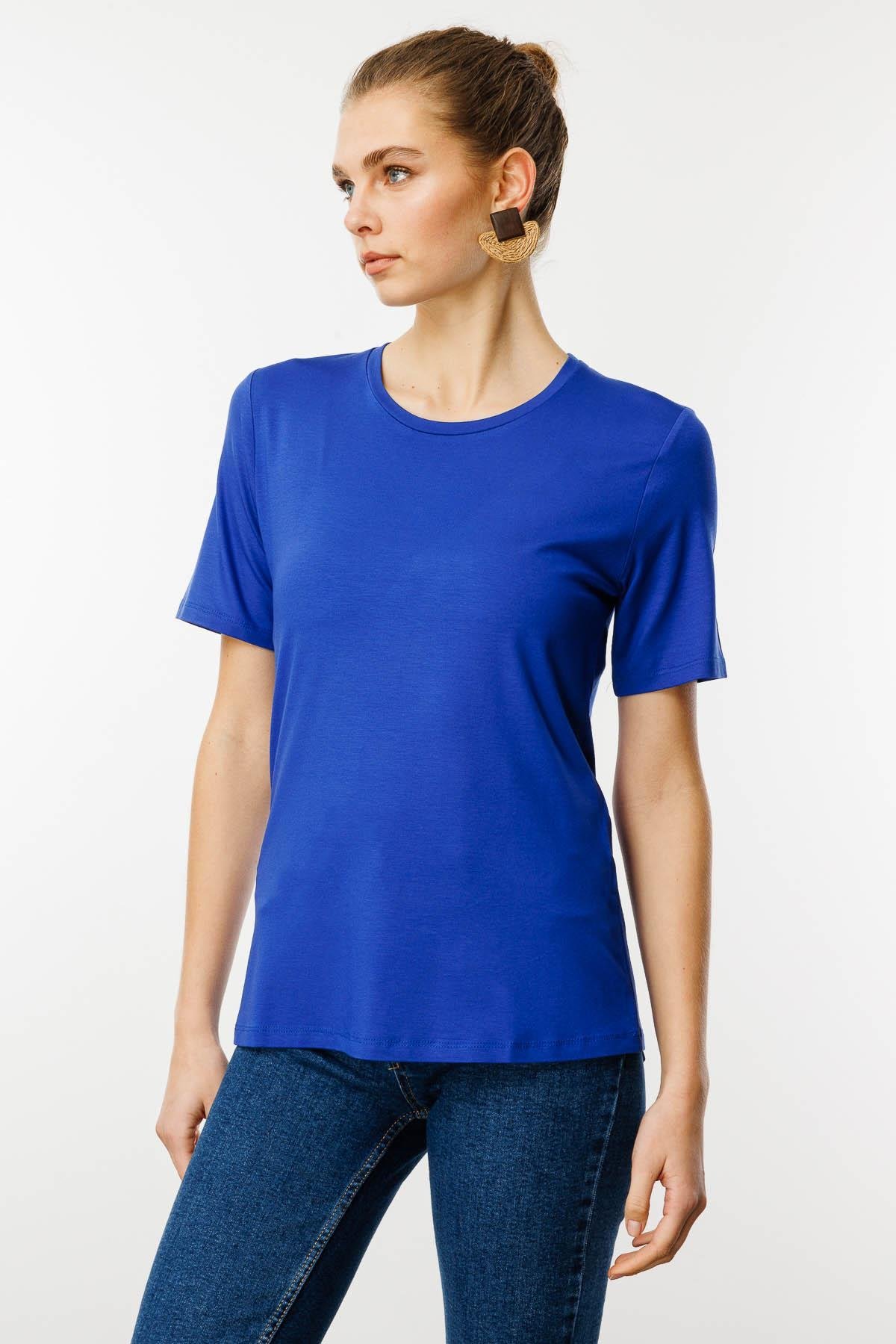 23786Women's Crew Neck Basic Combed T-shirt S.Blue