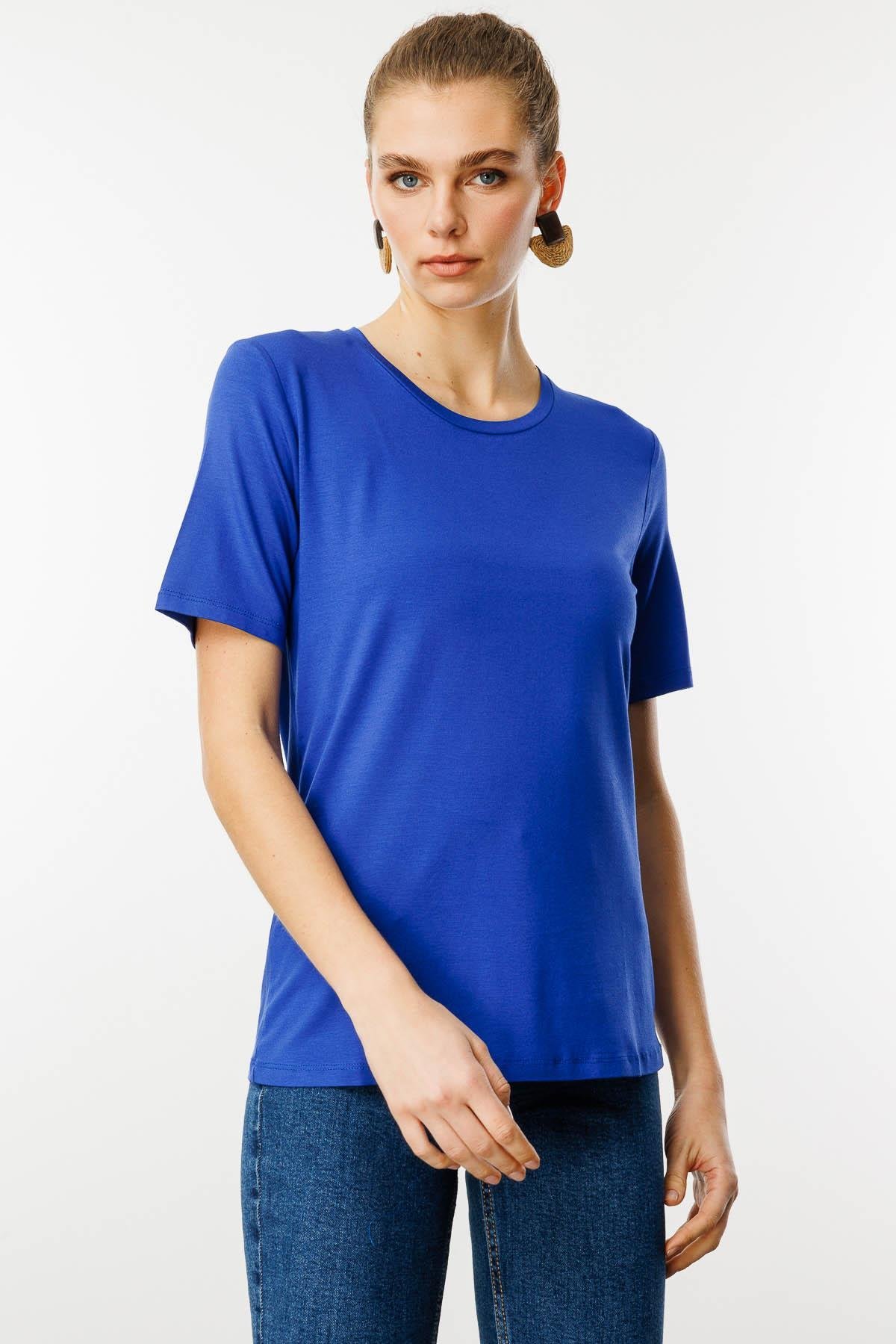 23786Women's Crew Neck Basic Combed T-shirt S.Blue