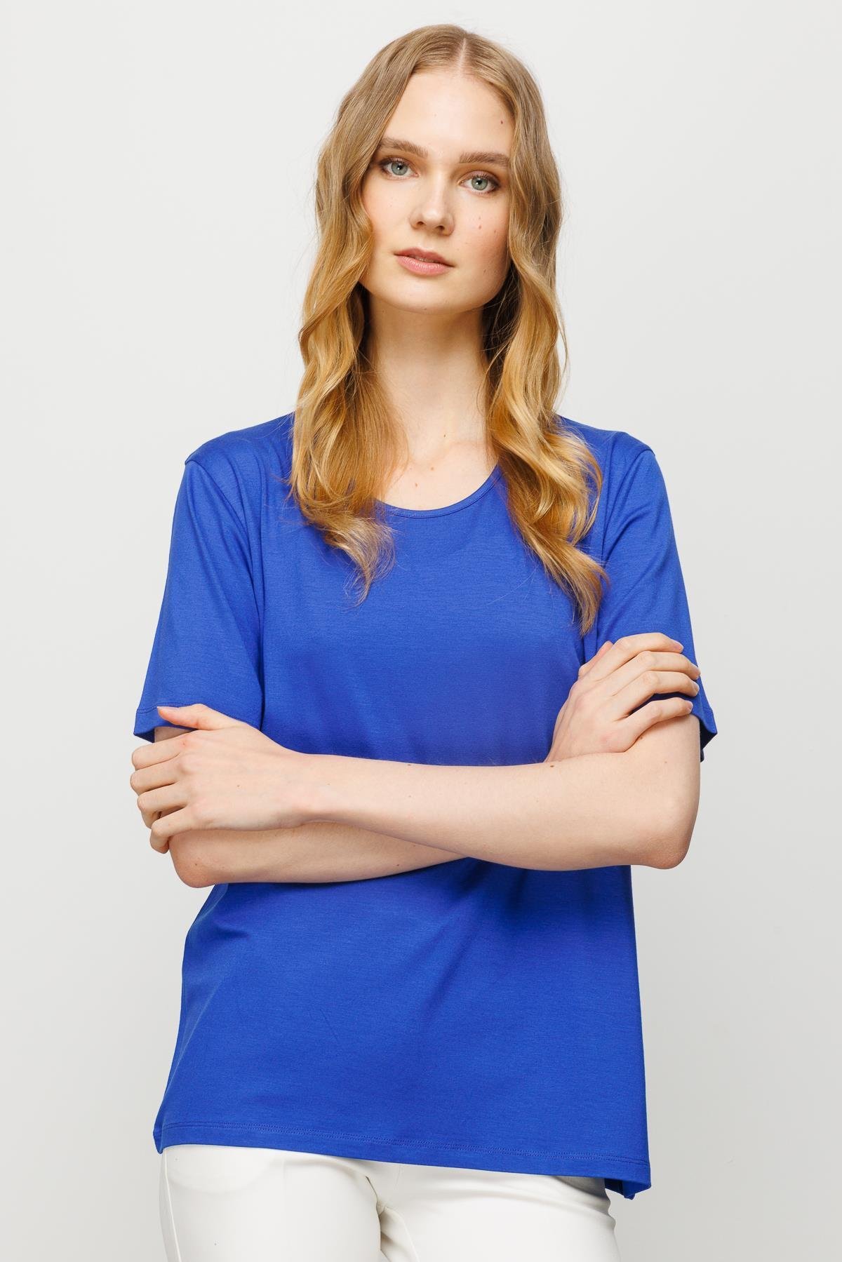 23786Kadın Sıfır Yaka Basic Penye T-shirt Saks