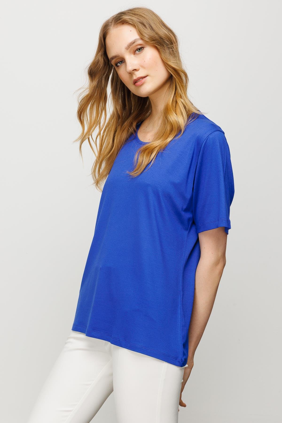 23786Kadın Sıfır Yaka Basic Penye T-shirt Saks