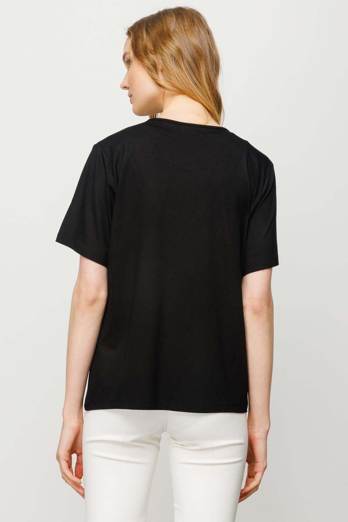 23786Kadın Sıfır Yaka Basic Penye T-shirt Siyah