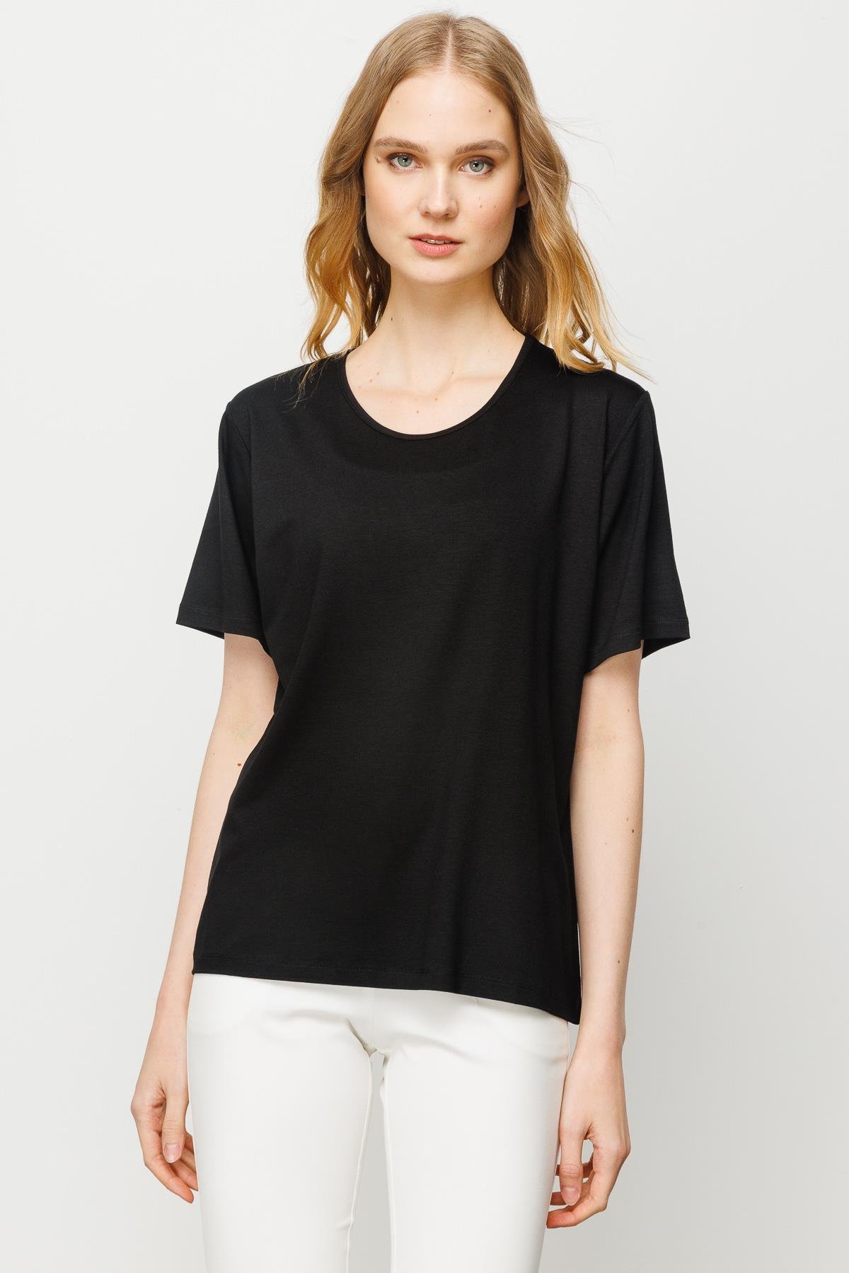 23786Kadın Sıfır Yaka Basic Penye T-shirt Siyah