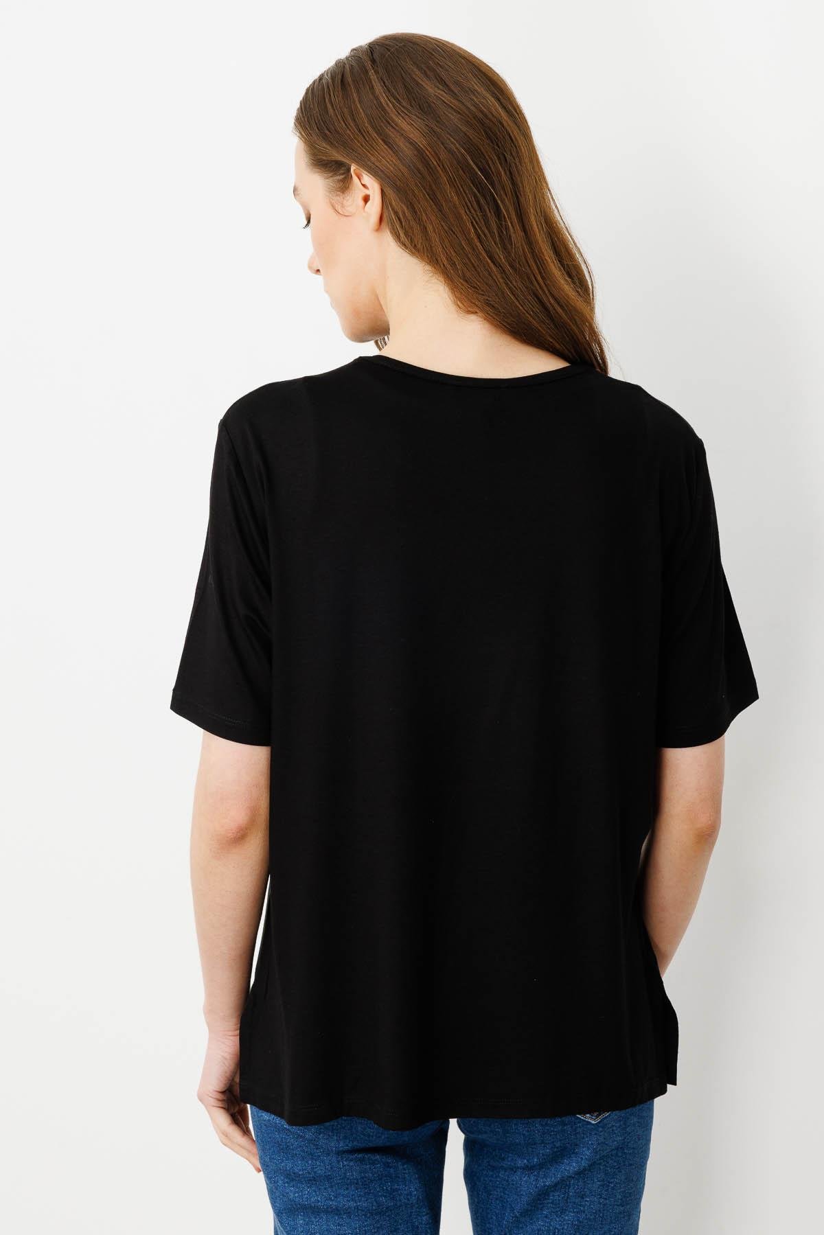 20780Kadın Sıfır Yaka Basic Penye T-shirt Siyah