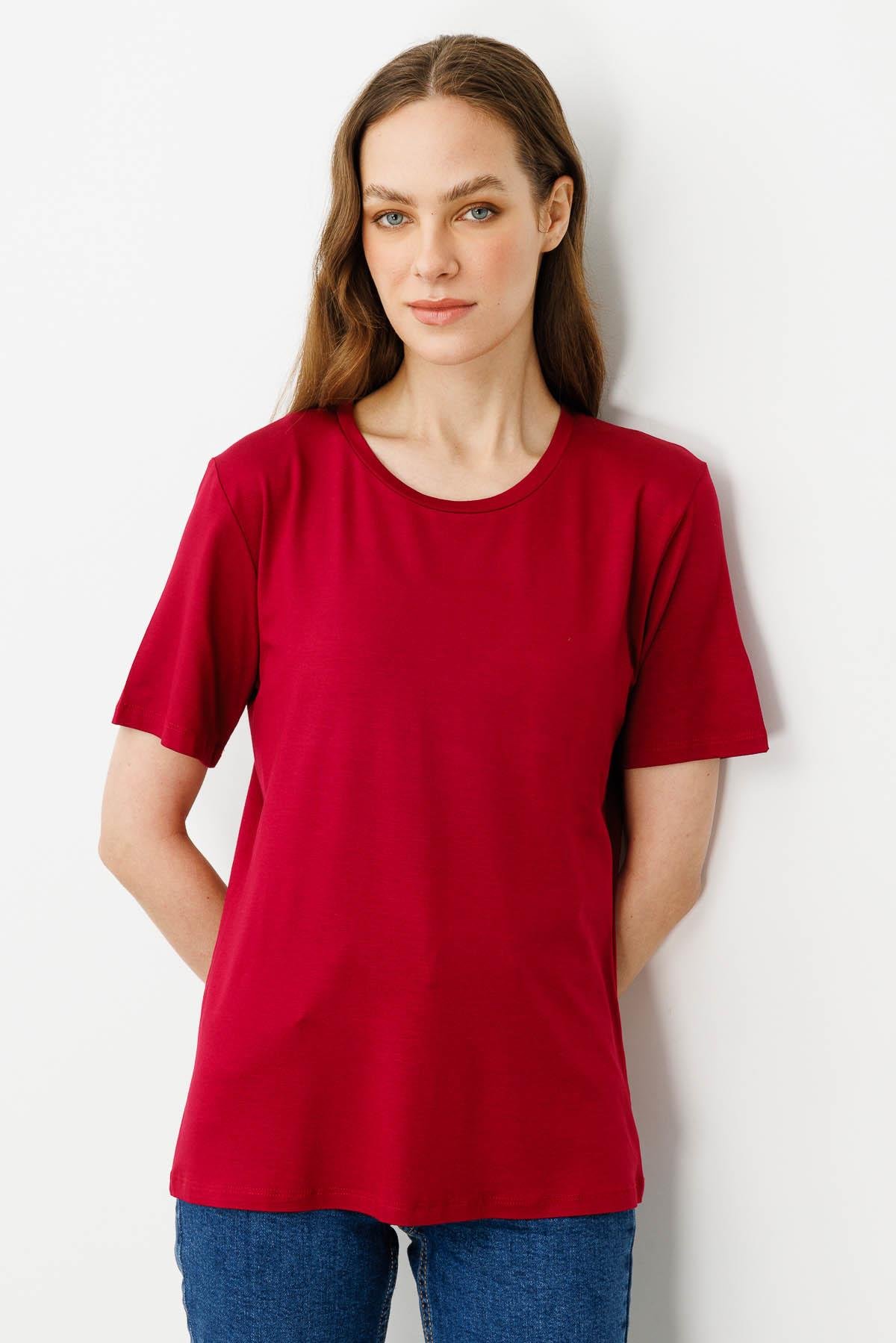 23786Kadın Sıfır Yaka Basic Penye T-shirt Vişne