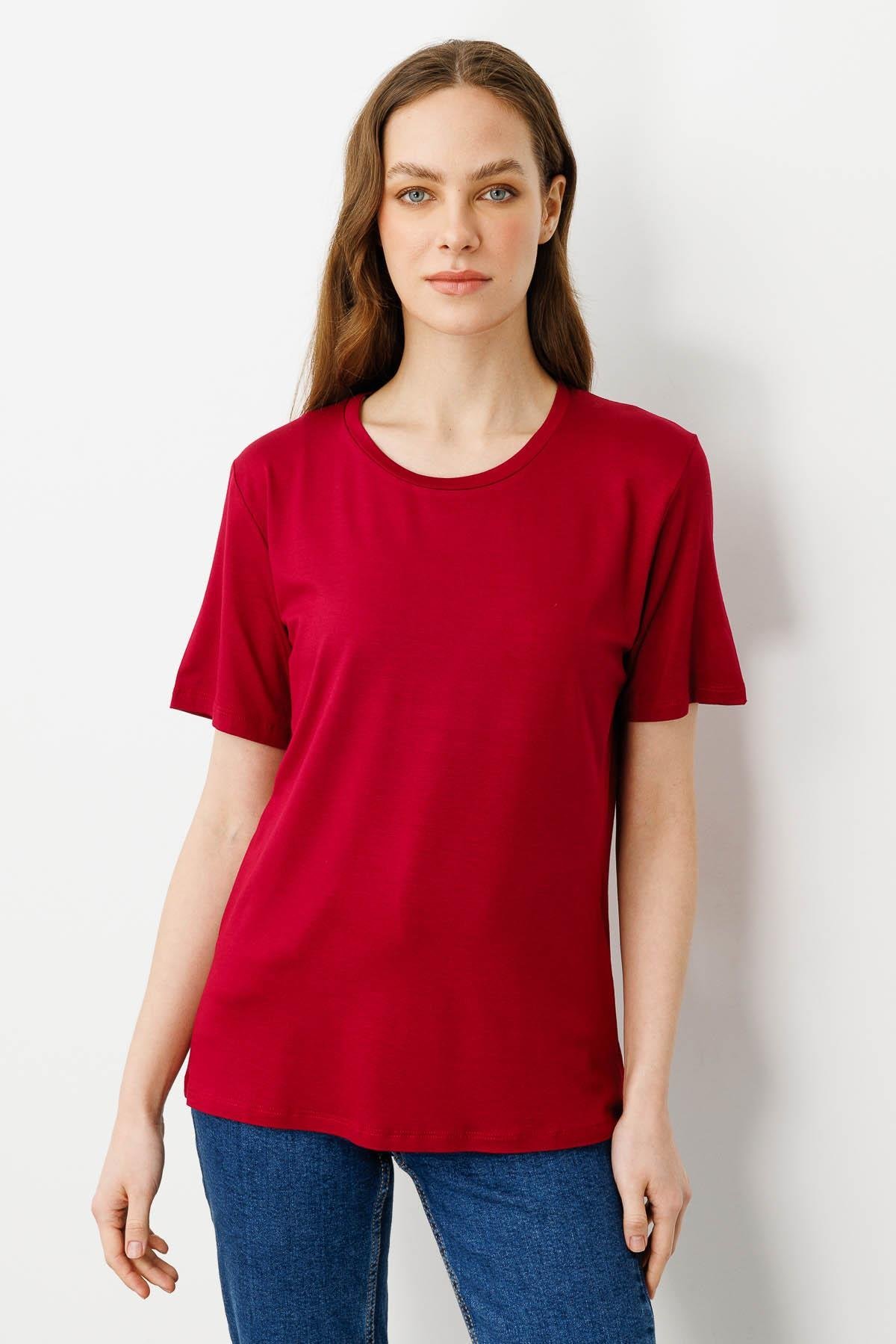 23786Kadın Sıfır Yaka Basic Penye T-shirt Vişne