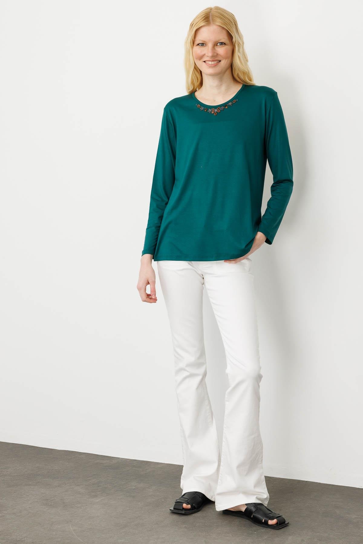 25706Kadın V Yaka Boncuk İşlemeli Penye Bluz Yeşil