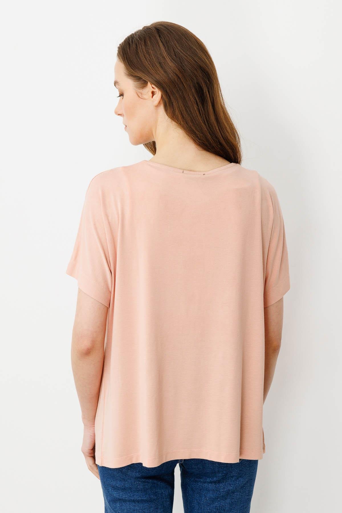 25859Kadın Sıfır Yaka Boncuk İşlemeli Penye T-shirt Somon