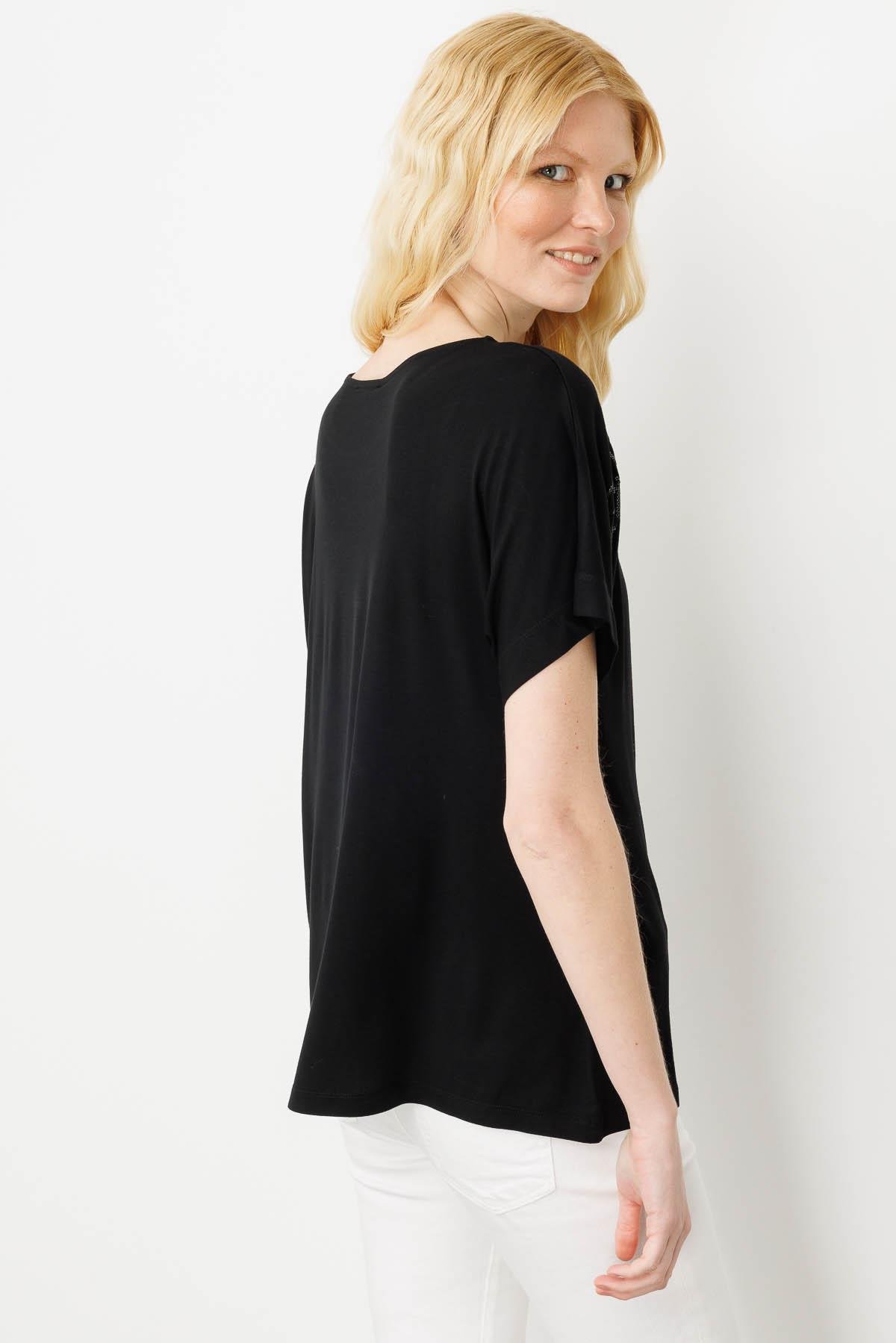 25859Kadın Sıfır Yaka Boncuk İşlemeli Penye T-shirt Siyah