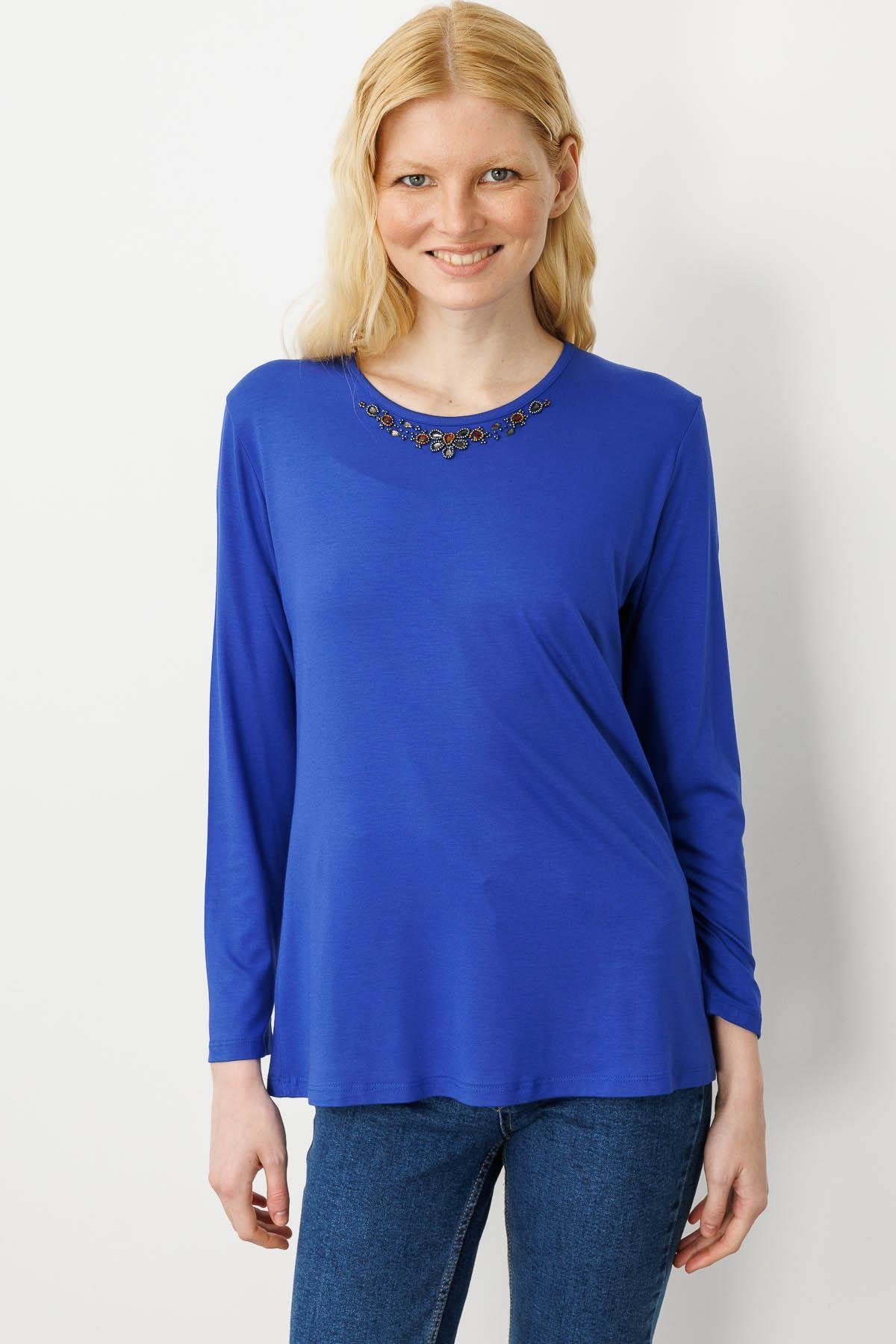 25706Kadın V Yaka Boncuk İşlemeli Penye Bluz Saks