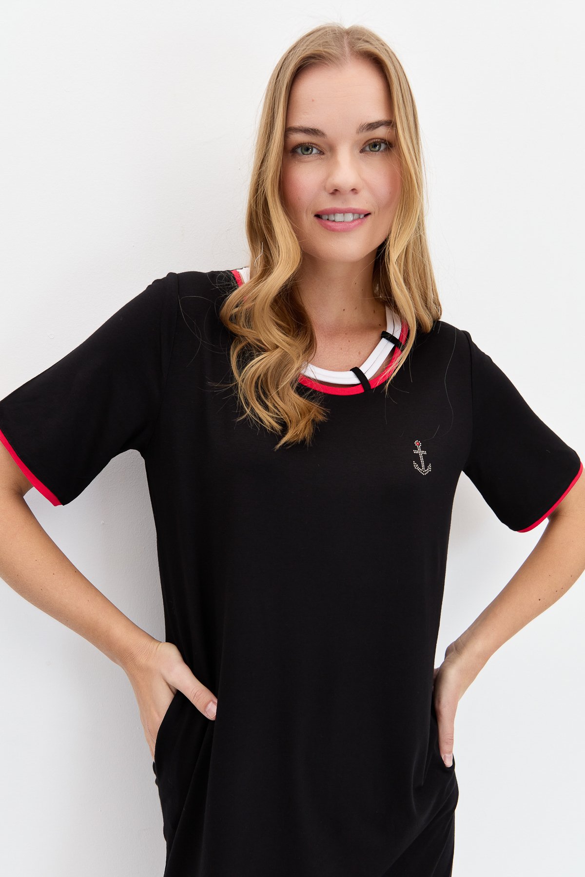 KMY24083Kadın Sıfır Yaka Çapa İşlemeli Marin Elbise Siyah