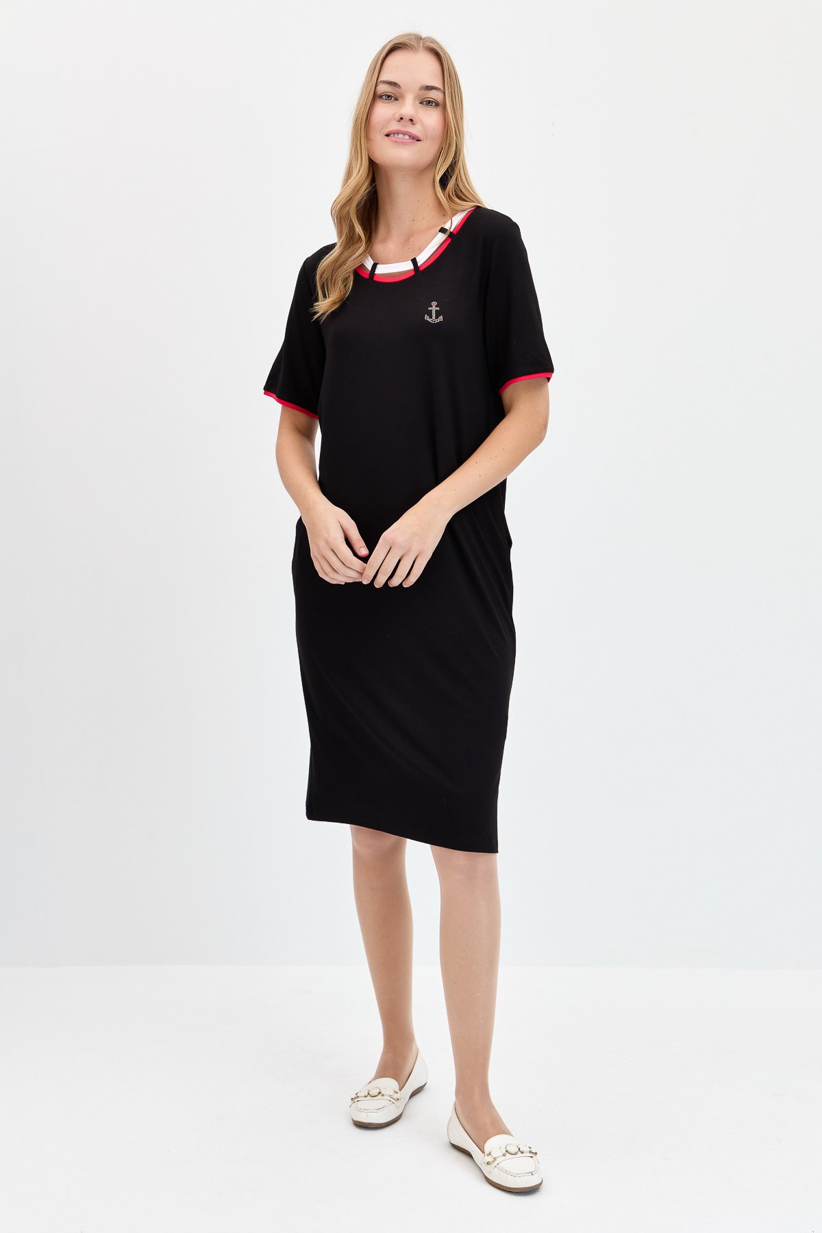 KMY24083Kadın Sıfır Yaka Çapa İşlemeli Marin Elbise Siyah