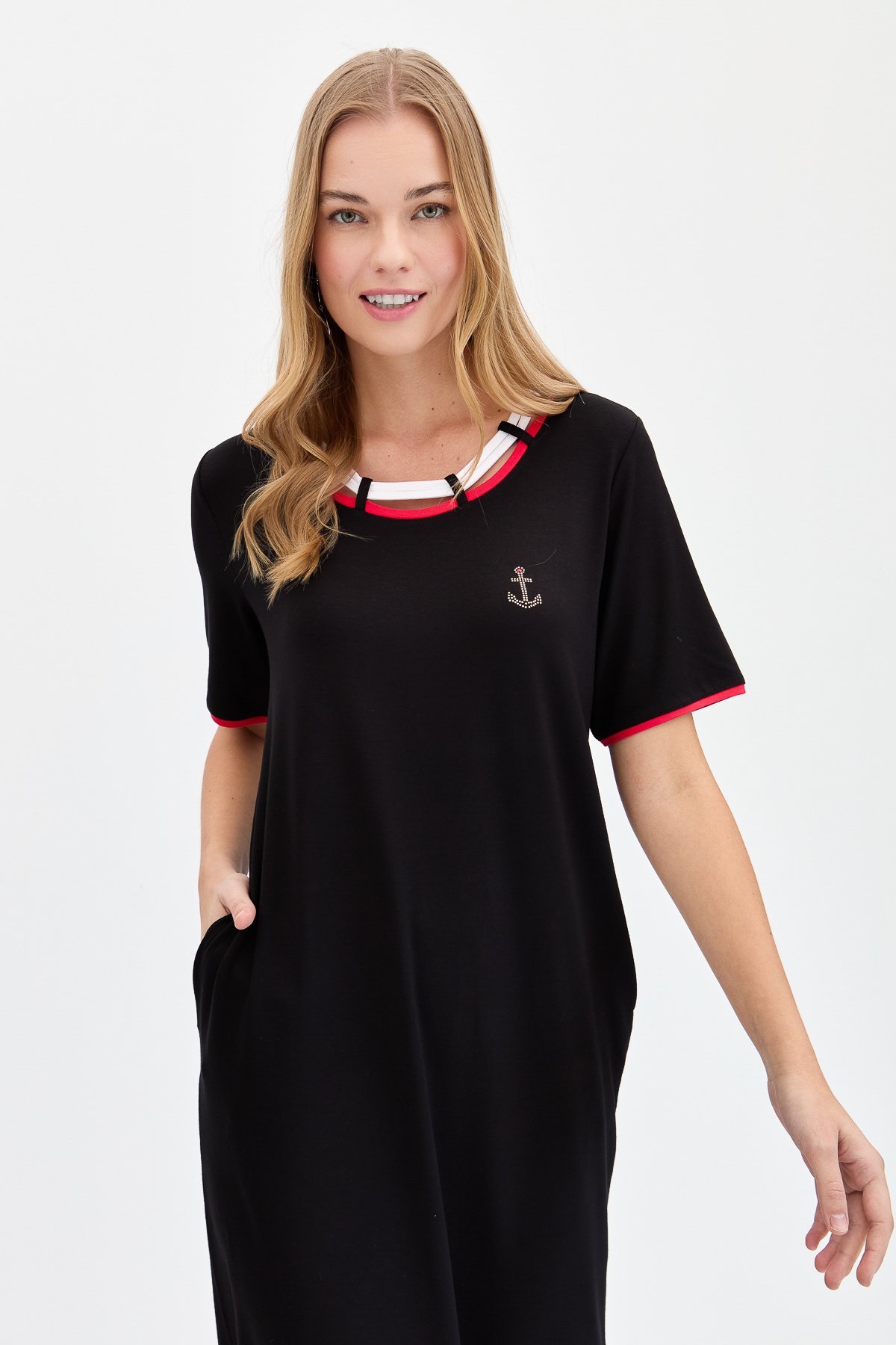 KMY24083Kadın Sıfır Yaka Çapa İşlemeli Marin Elbise Siyah