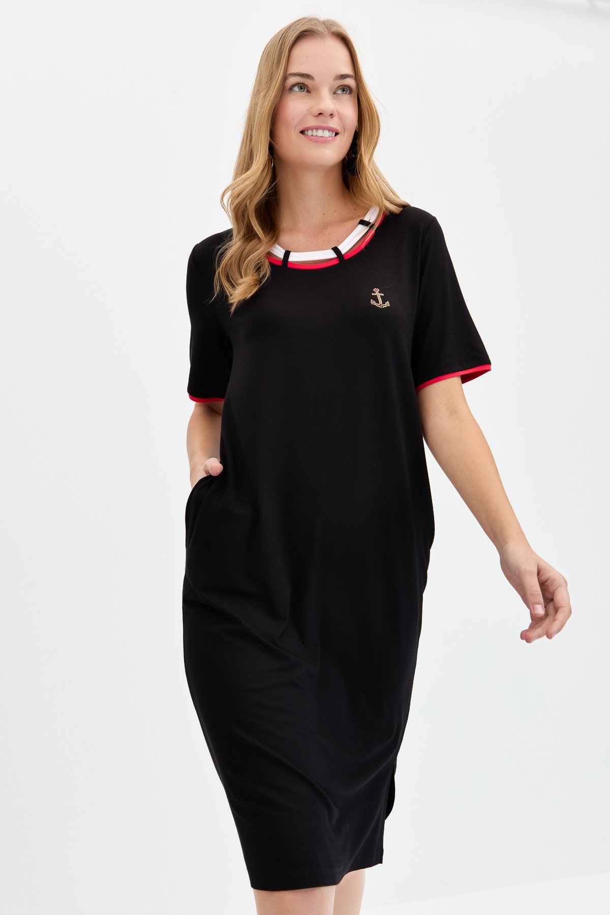 KMY24083Kadın Sıfır Yaka Çapa İşlemeli Marin Elbise Siyah