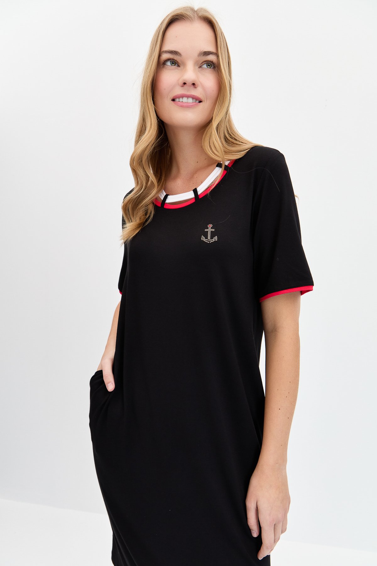 KMY24083Kadın Sıfır Yaka Çapa İşlemeli Marin Elbise Siyah