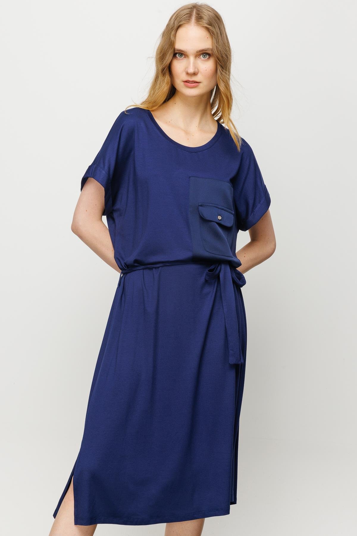 23708Kadın Sıfır Yaka Cebi Saten Penye T-shirt Lacivert