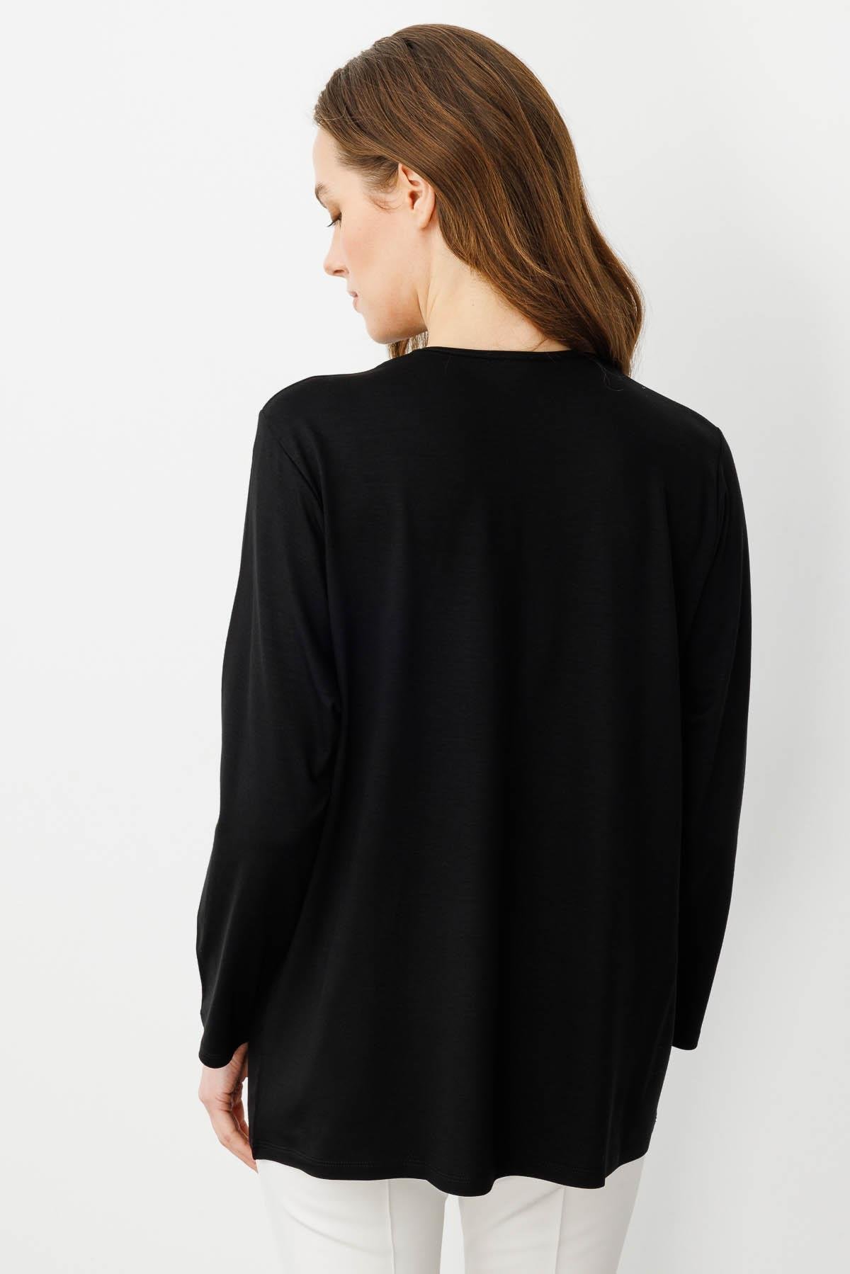 25762Kadın Sıfır Yaka Cebi ve Yakası Simli Çizgili Penye Bluz Siyah