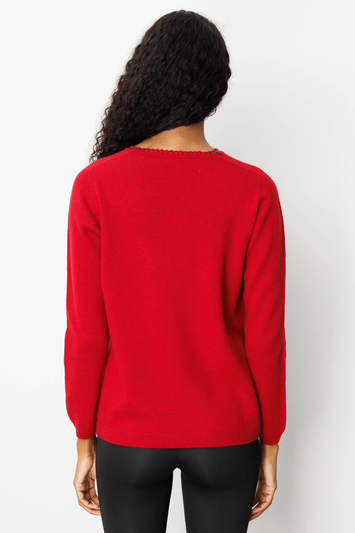 25201Kadın Sıfır Yaka Cebi ve Yakası Tığlamalı Yün Kazak K.Kırmızı