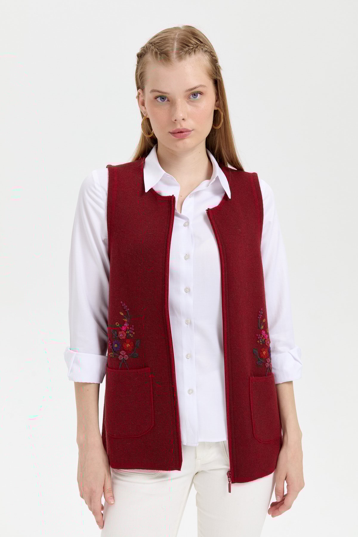 24000Kadın Sıfır Yaka Cep Üstü İşlemeli Kısa Yün Yelek V.Kırmızı