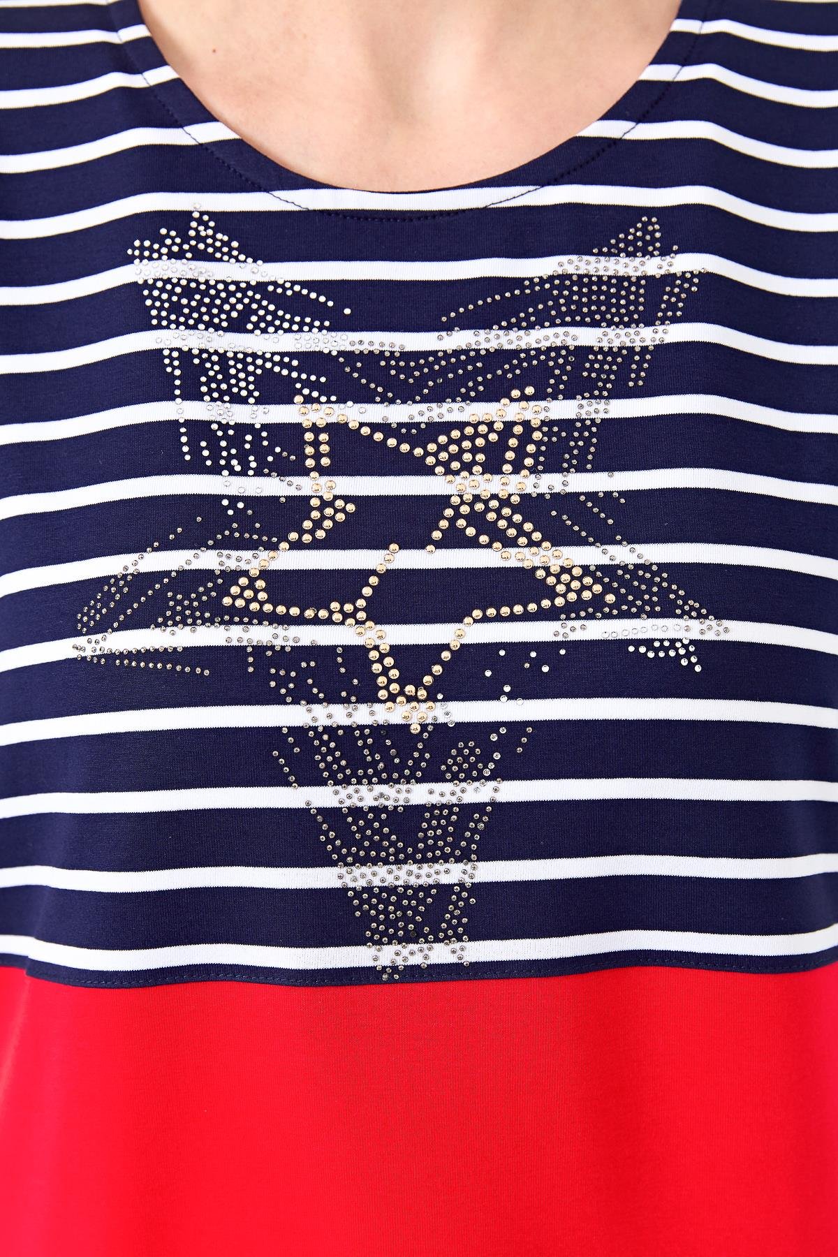 22769Kadın Sıfır Yaka Çizgi Önü Taşlı Penye T-shirt Lacivert