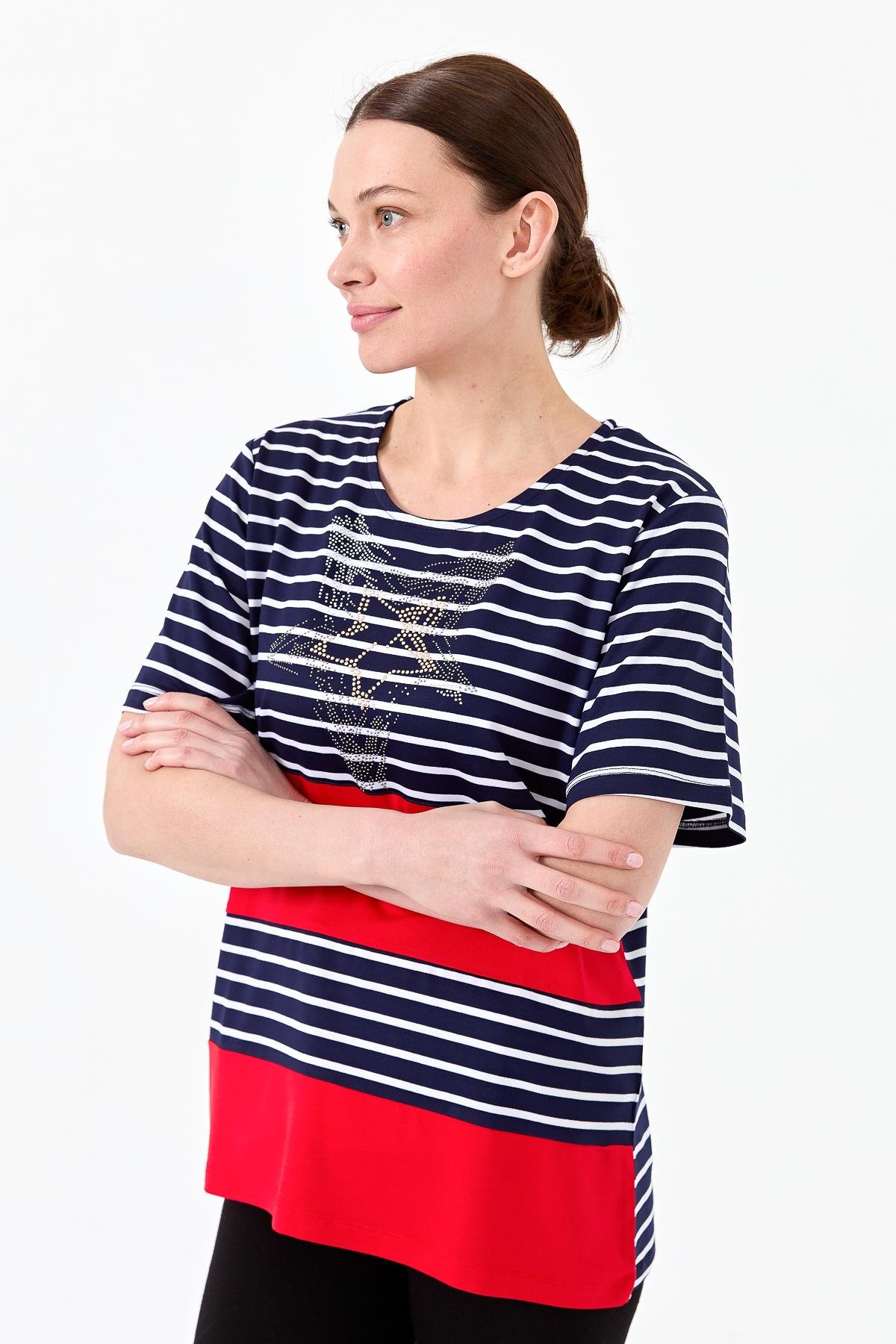 22769Kadın Sıfır Yaka Çizgi Önü Taşlı Penye T-shirt Lacivert
