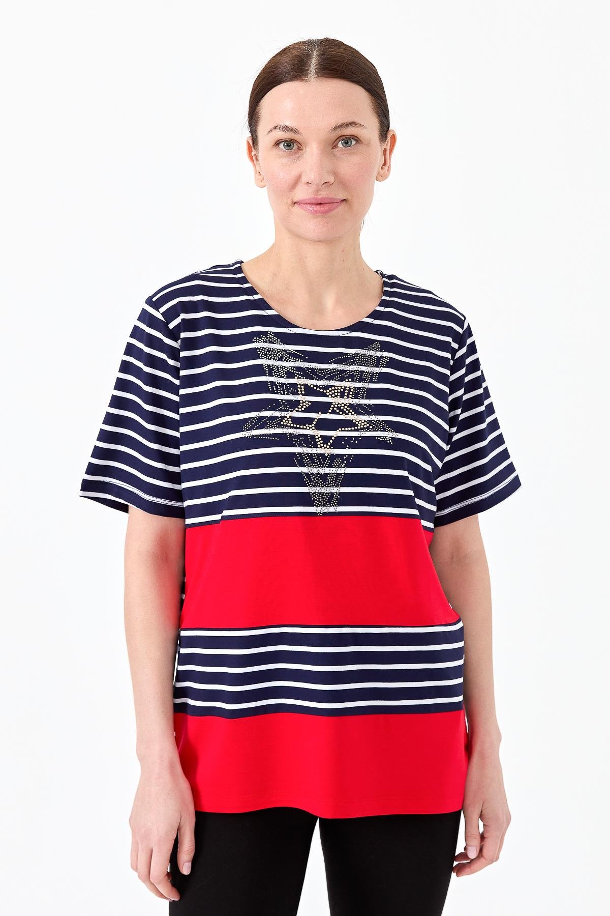 22769Kadın Sıfır Yaka Çizgi Önü Taşlı Penye T-shirt Lacivert