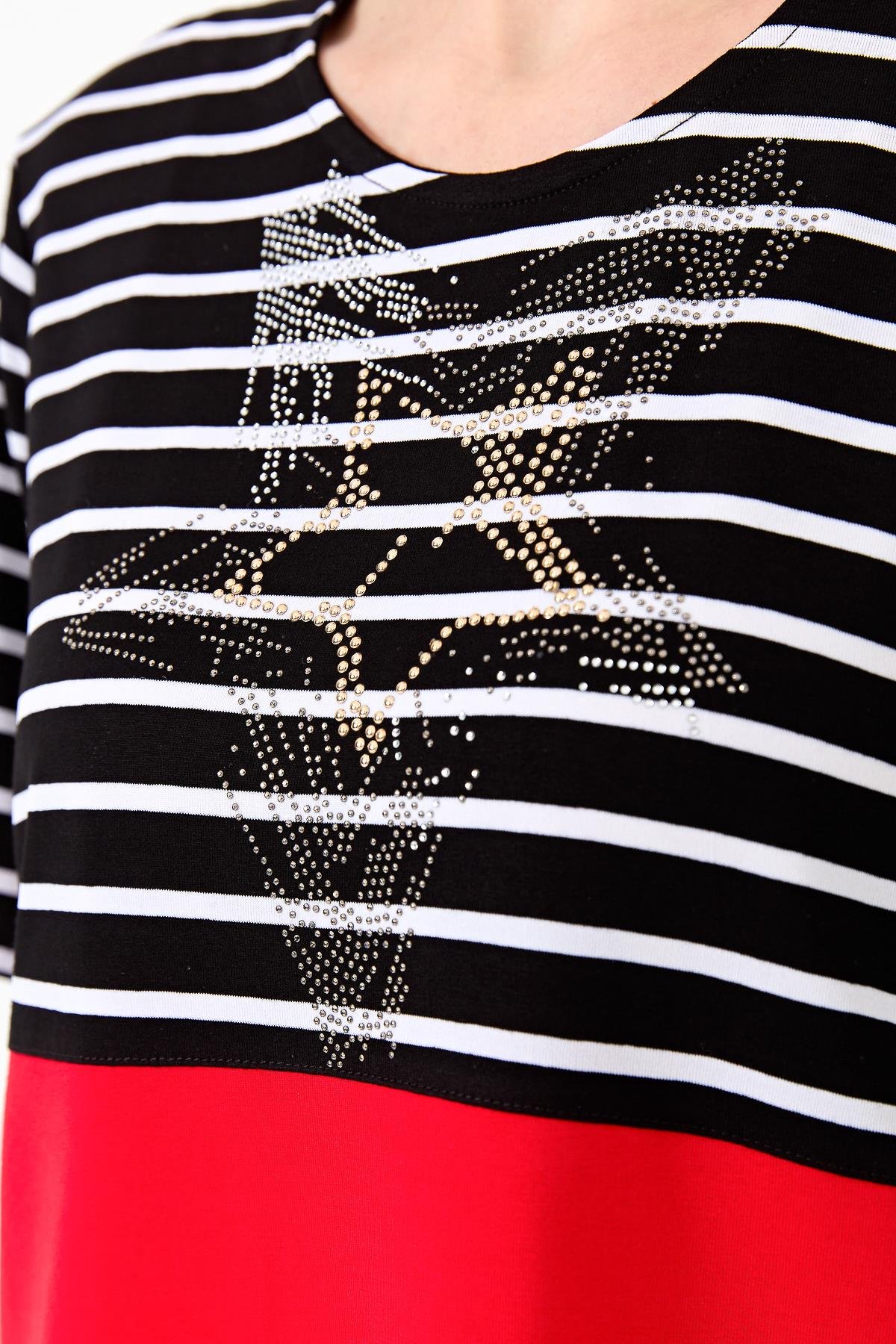 22769Kadın Sıfır Yaka Çizgi Önü Taşlı Penye T-shirt Siyah