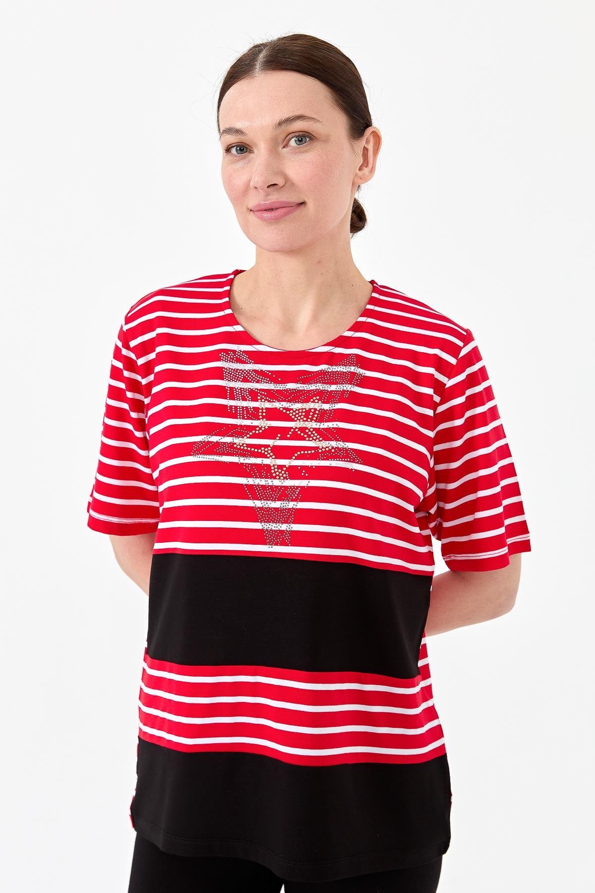 22769Kadın Sıfır Yaka Çizgi Önü Taşlı Penye T-shirt Kırmızı