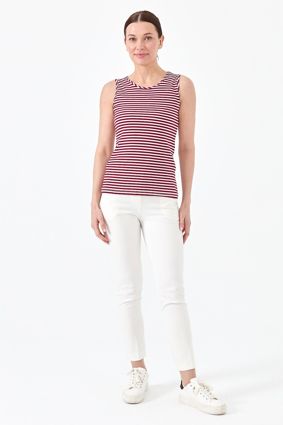 21800Kadın Sıfır Yaka Çizgili Askılı Penye T-shirt Kırmızı