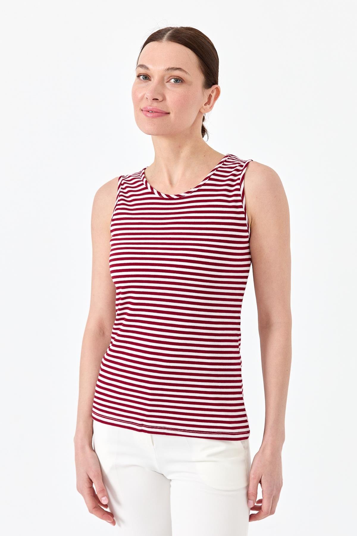 21800Kadın Sıfır Yaka Çizgili Askılı Penye T-shirt Kırmızı
