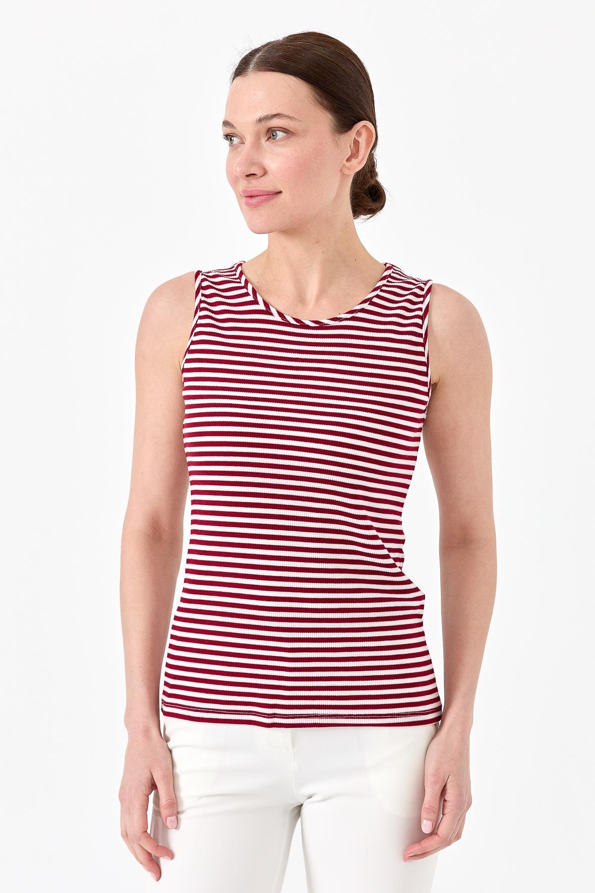 21800Kadın Sıfır Yaka Çizgili Askılı Penye T-shirt Kırmızı