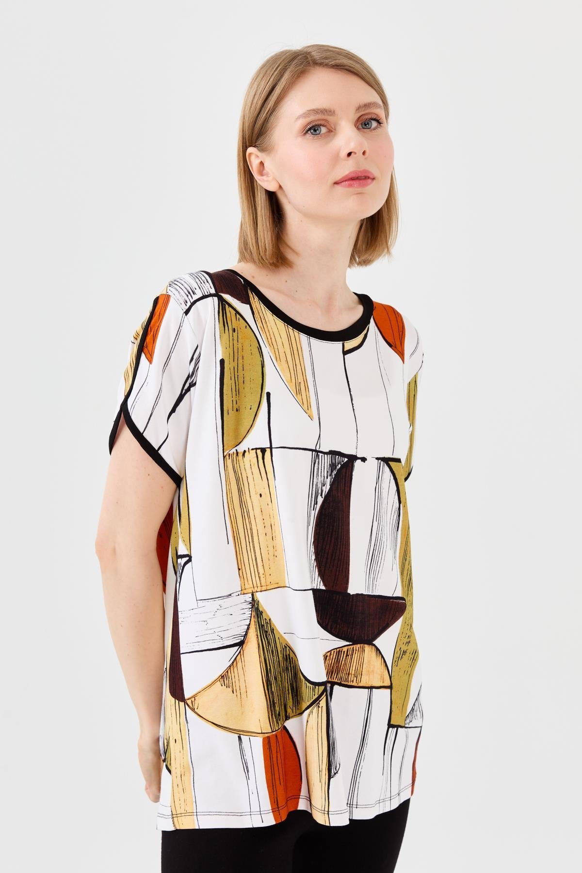 23730Kadın Sıfır Yaka Çizgili Düşük Kol Penye T-shirt Siyah