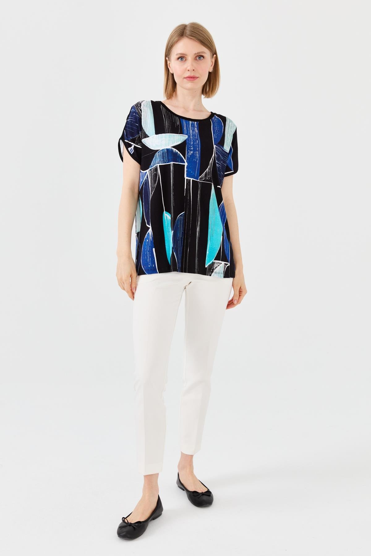 23730Kadın Sıfır Yaka Çizgili Düşük Kol Penye T-shirt Lacivert