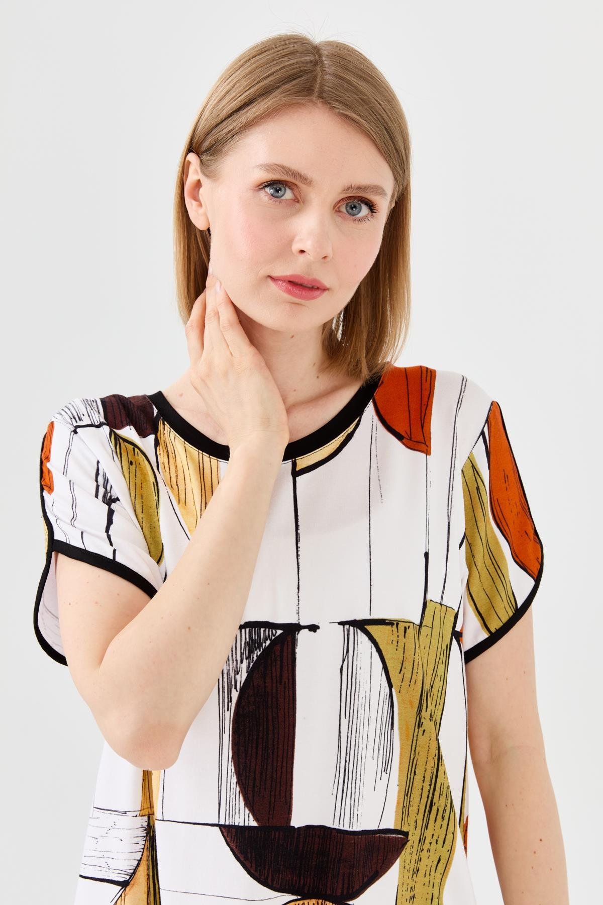 23730Kadın Sıfır Yaka Çizgili Düşük Kol Penye T-shirt Siyah