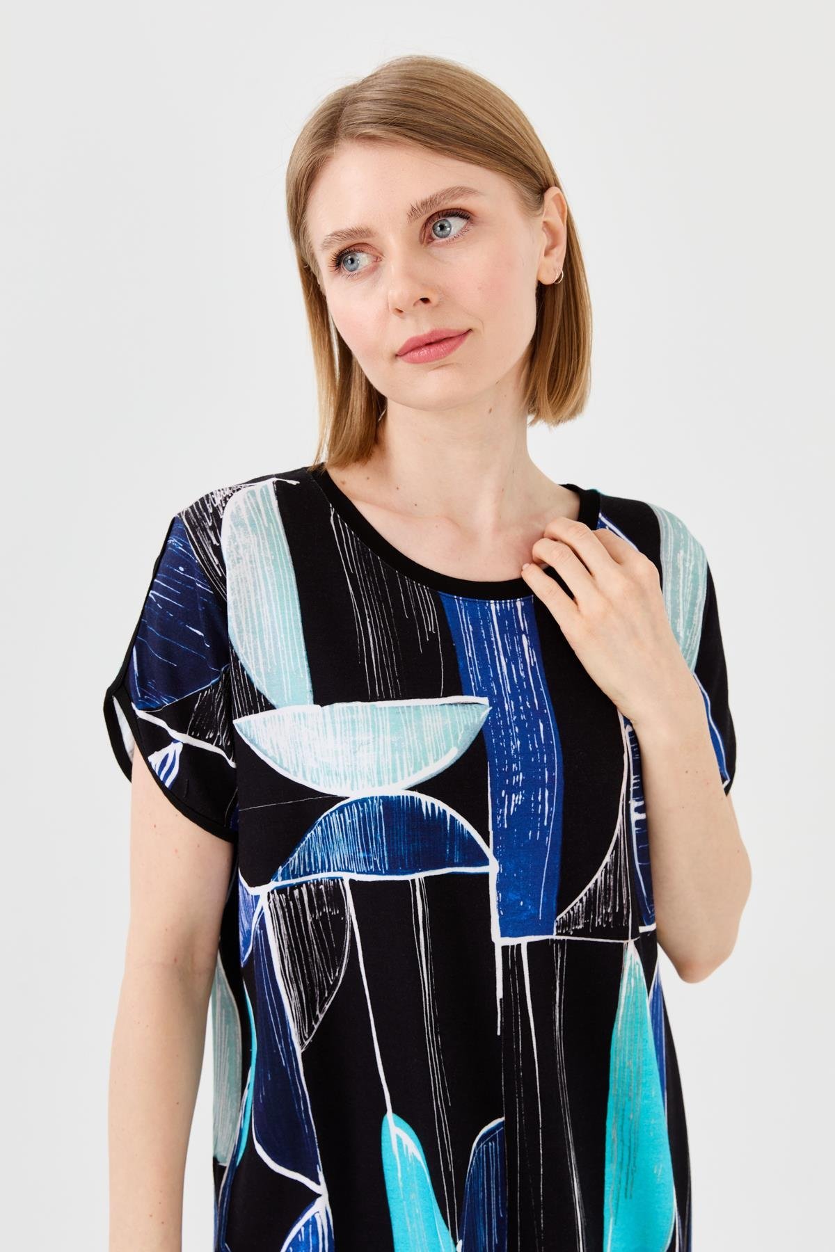 23730Kadın Sıfır Yaka Çizgili Düşük Kol Penye T-shirt Lacivert