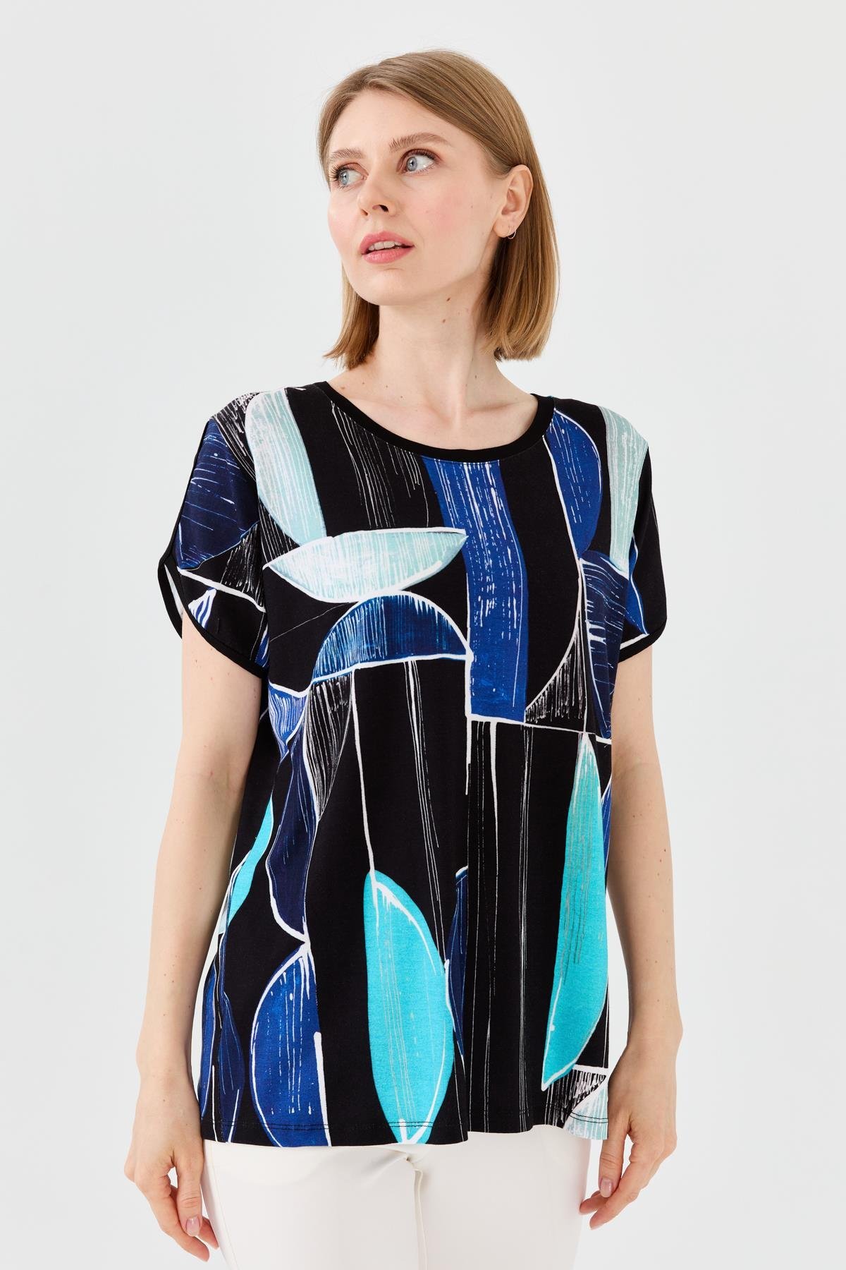 23730Kadın Sıfır Yaka Çizgili Düşük Kol Penye T-shirt Lacivert