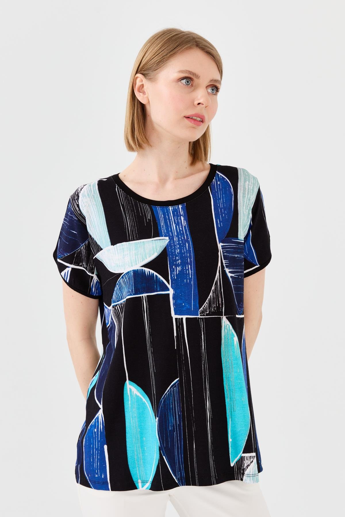 23730Kadın Sıfır Yaka Çizgili Düşük Kol Penye T-shirt Lacivert