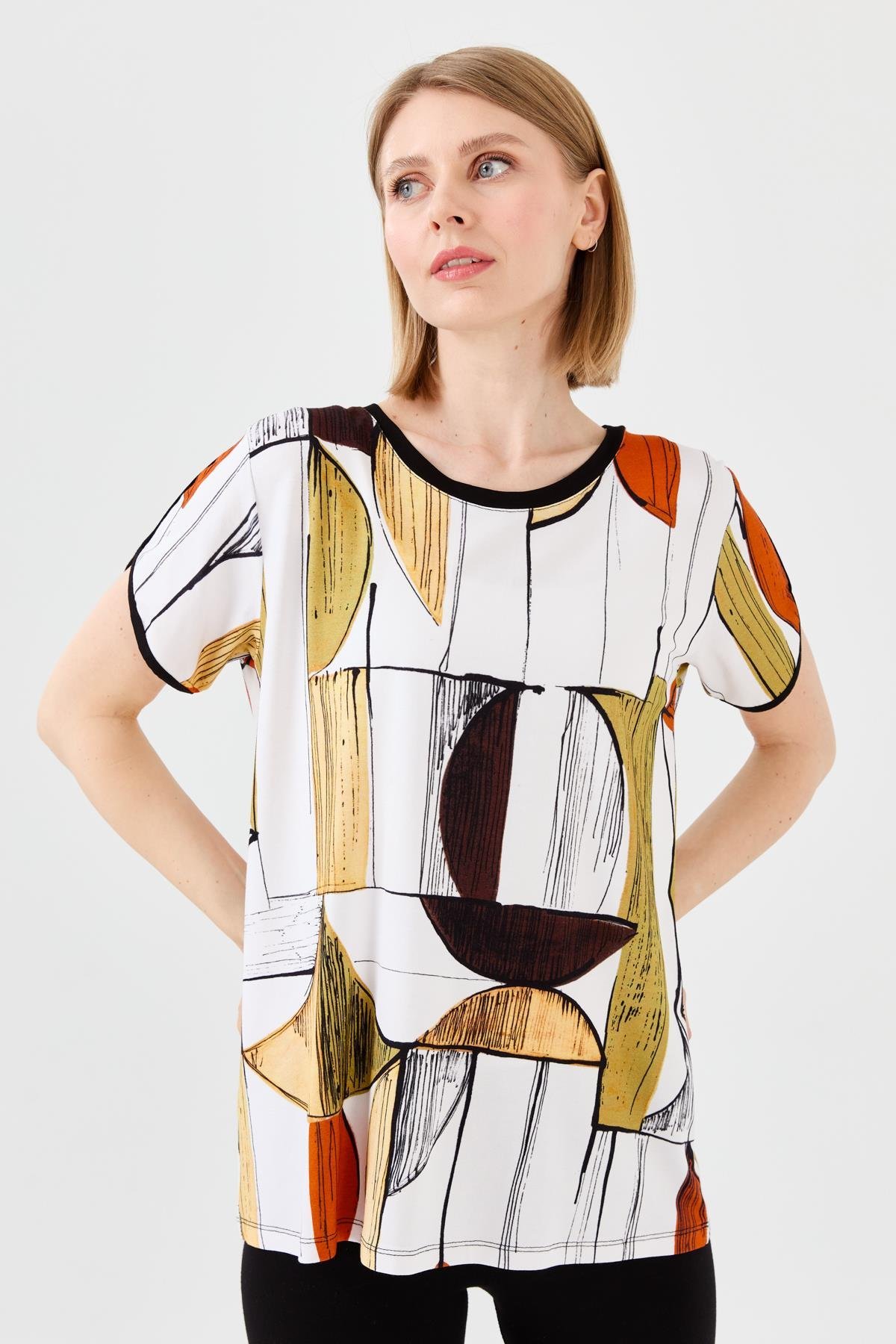 23730Kadın Sıfır Yaka Çizgili Düşük Kol Penye T-shirt Siyah