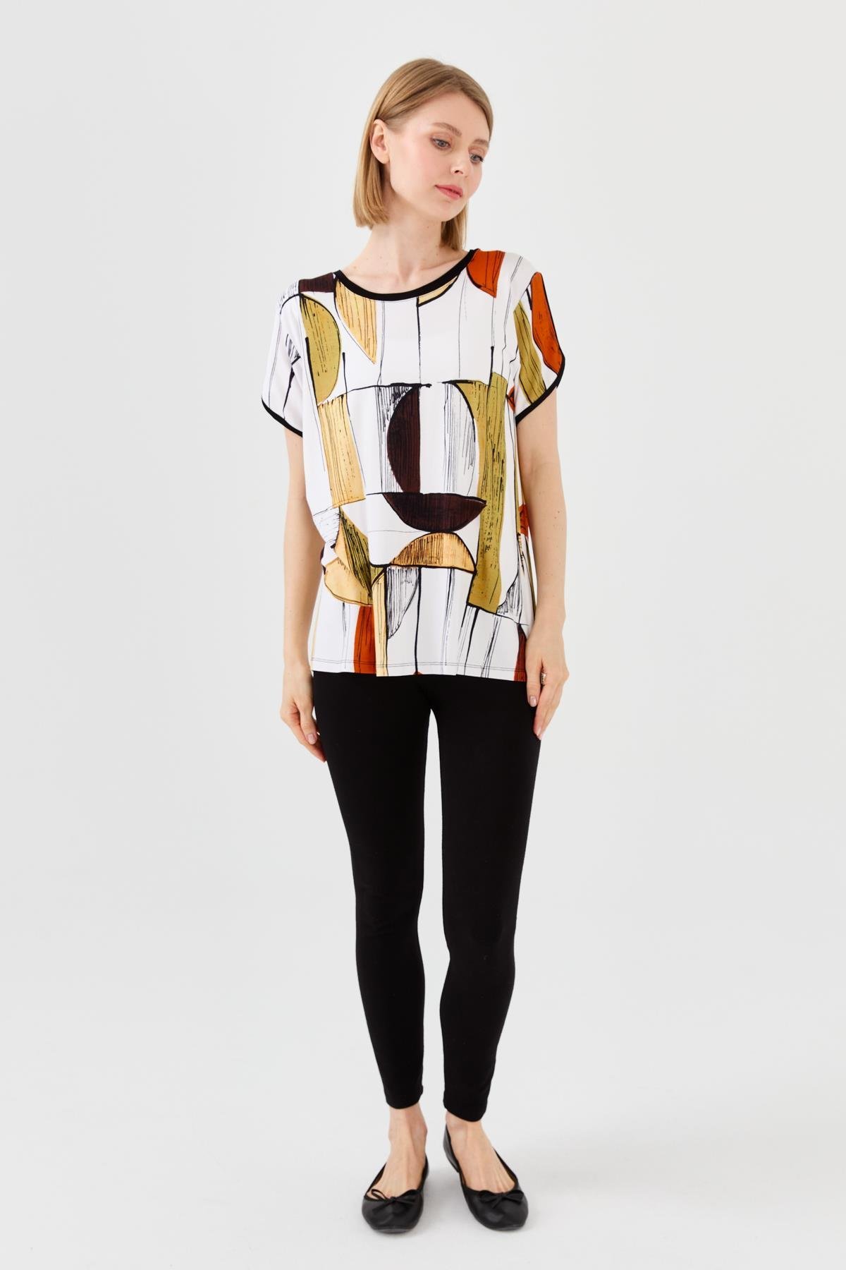 23730Kadın Sıfır Yaka Çizgili Düşük Kol Penye T-shirt Siyah