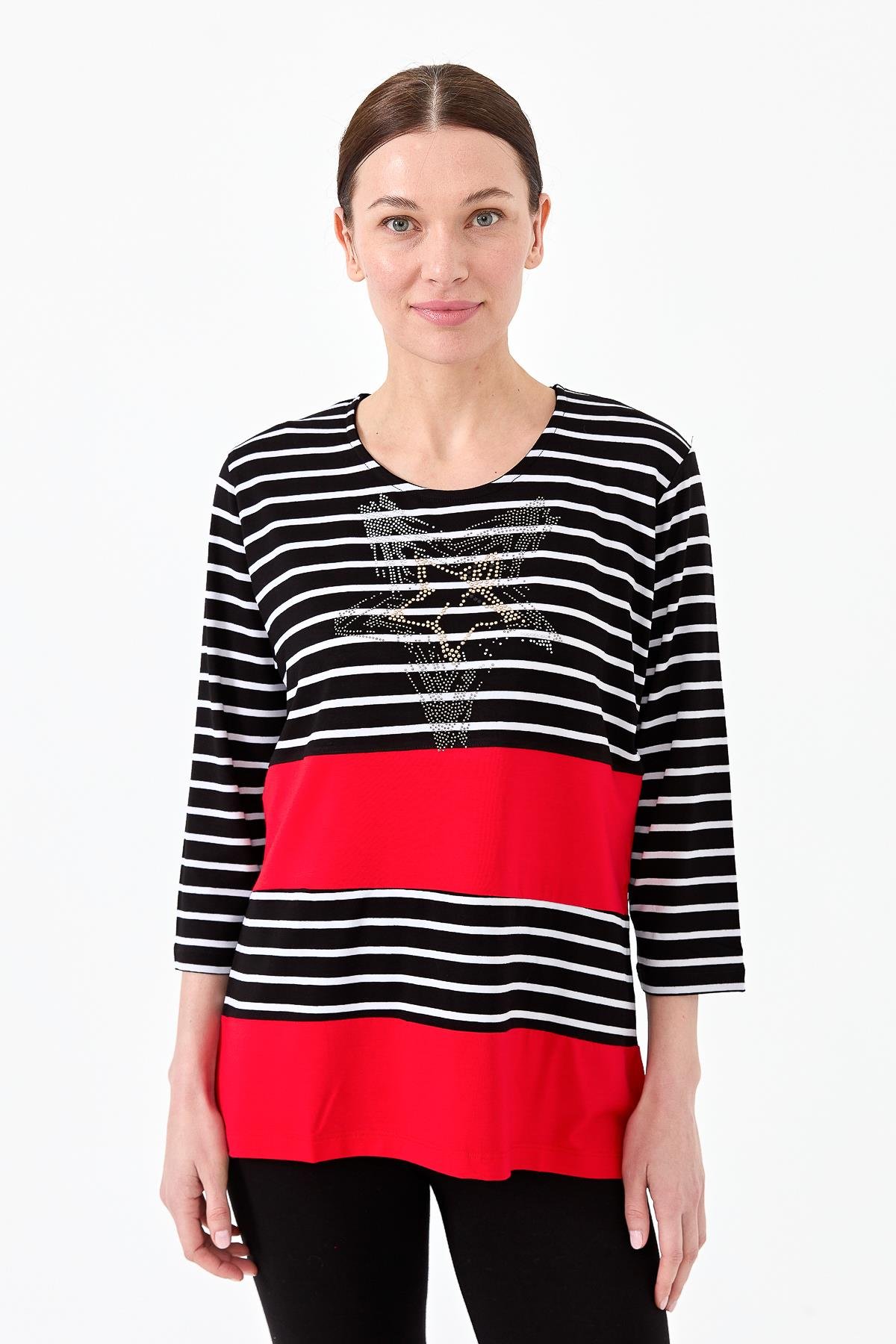 22770Kadın Sıfır Yaka Çizgili Önü Taşlı Penye Bluz Siyah