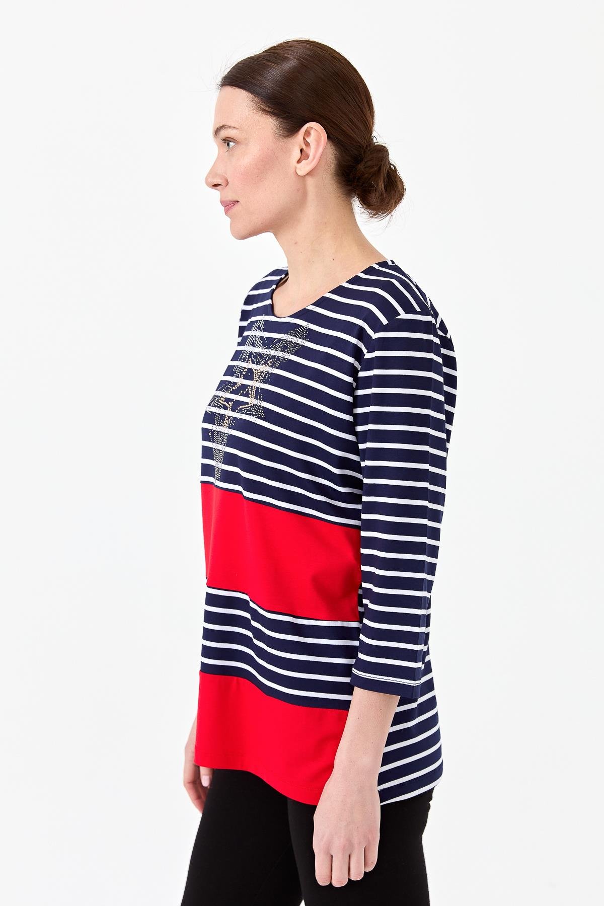 22770Kadın Sıfır Yaka Çizgili Önü Taşlı Penye Bluz Lacivert