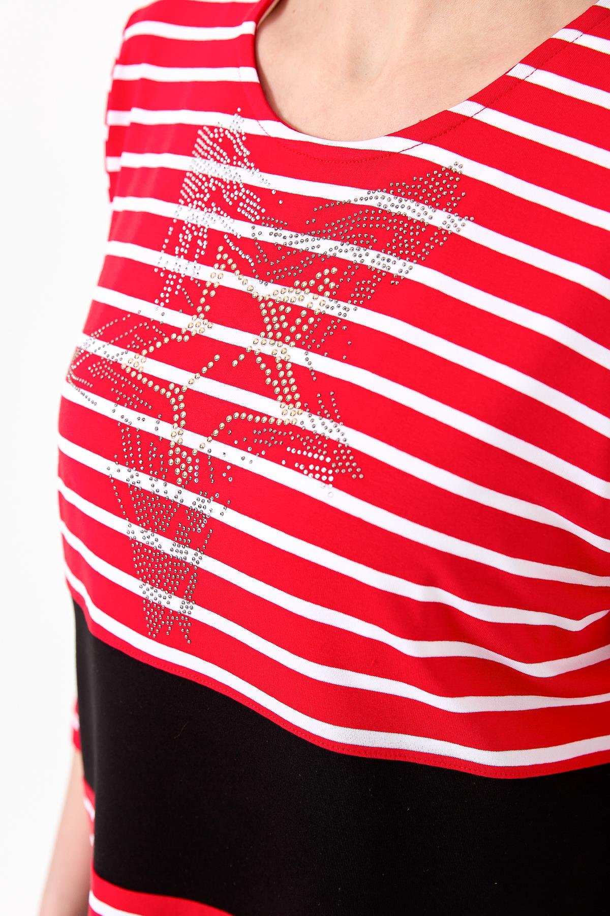 22770Kadın Sıfır Yaka Çizgili Önü Taşlı Penye Bluz Kırmızı