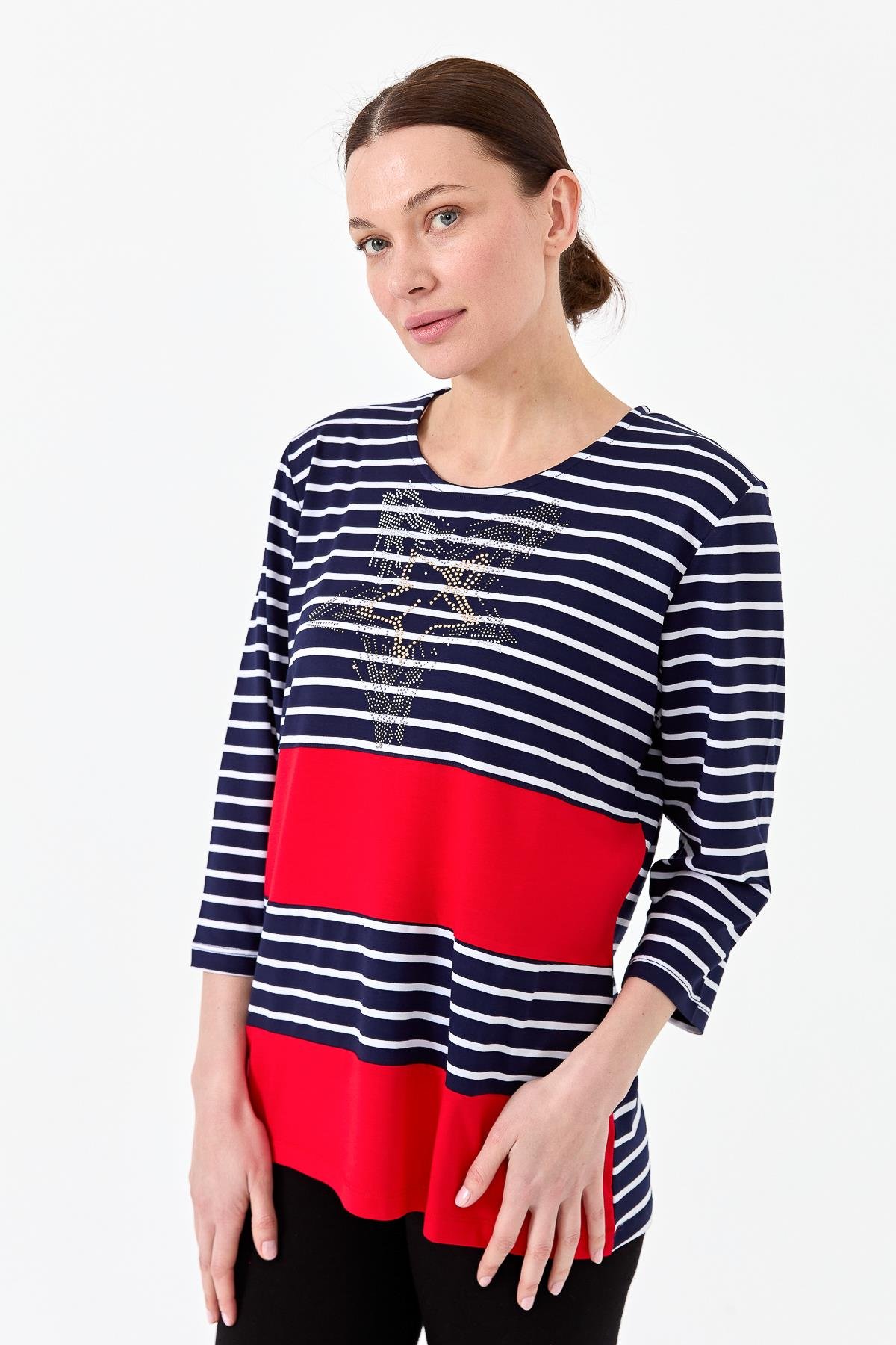 22770Kadın Sıfır Yaka Çizgili Önü Taşlı Penye Bluz Lacivert
