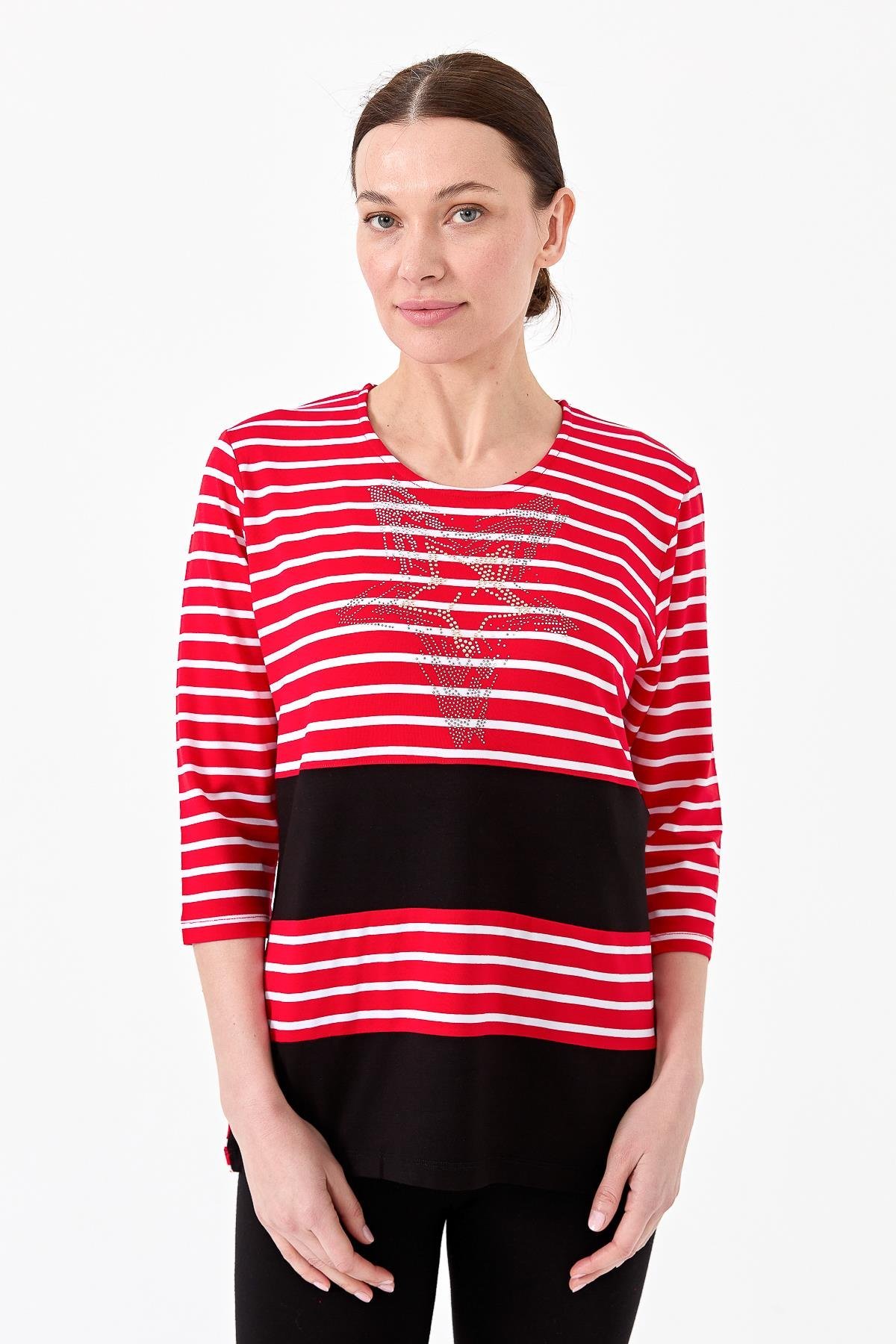 22770Kadın Sıfır Yaka Çizgili Önü Taşlı Penye Bluz Kırmızı