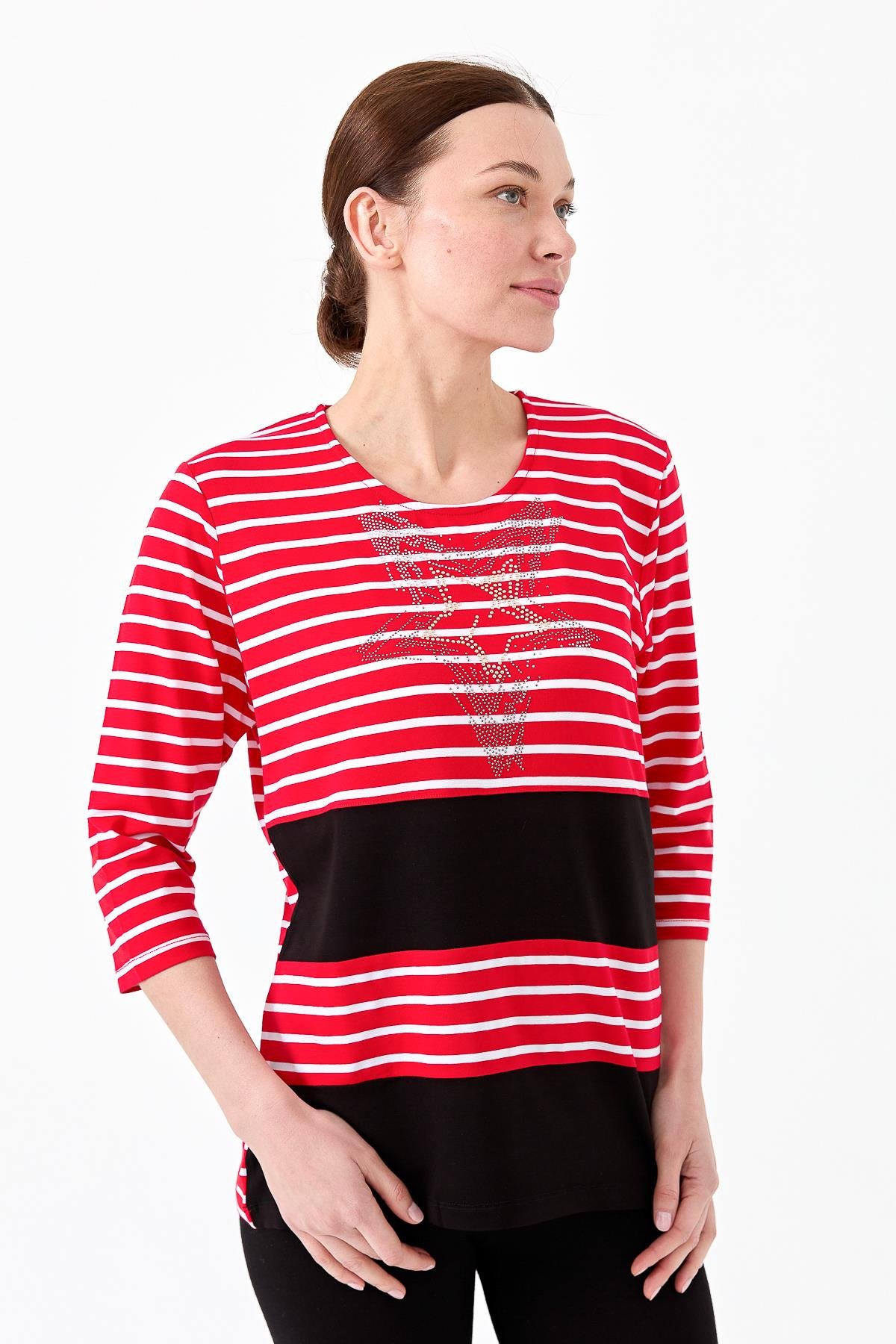 22770Kadın Sıfır Yaka Çizgili Önü Taşlı Penye Bluz Kırmızı