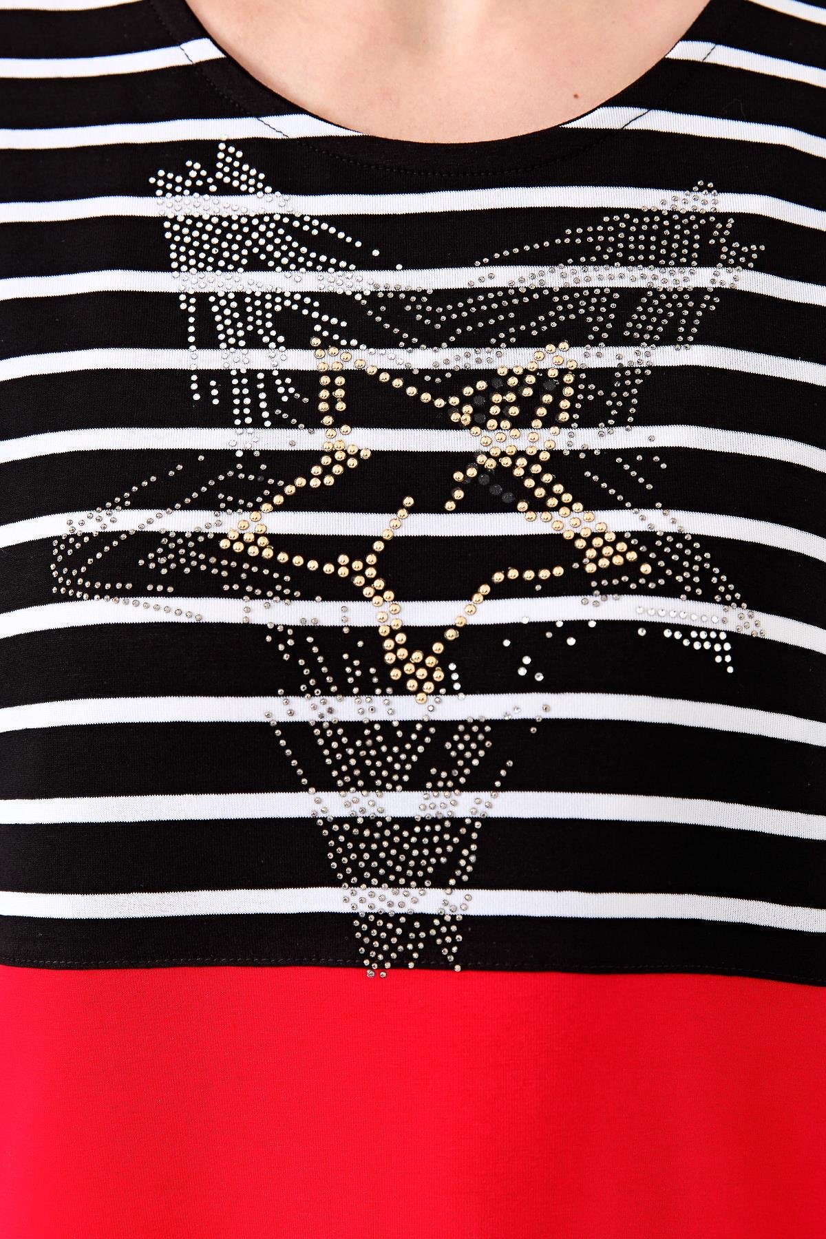 22770Kadın Sıfır Yaka Çizgili Önü Taşlı Penye Bluz Siyah