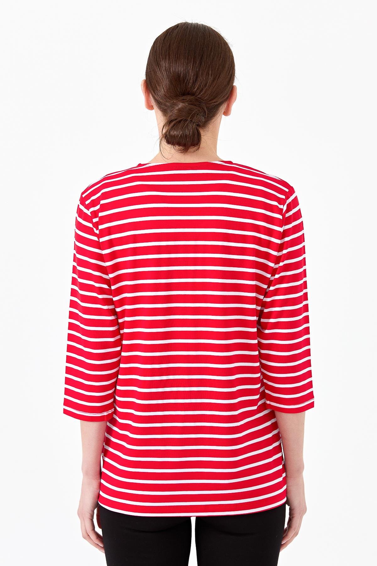 22770Kadın Sıfır Yaka Çizgili Önü Taşlı Penye Bluz Kırmızı
