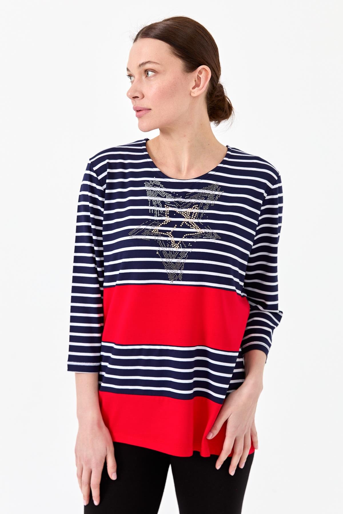 22770Kadın Sıfır Yaka Çizgili Önü Taşlı Penye Bluz Lacivert