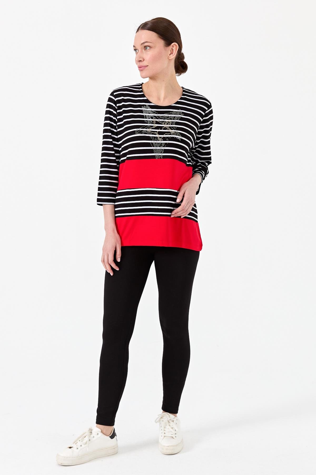 22770Kadın Sıfır Yaka Çizgili Önü Taşlı Penye Bluz Siyah