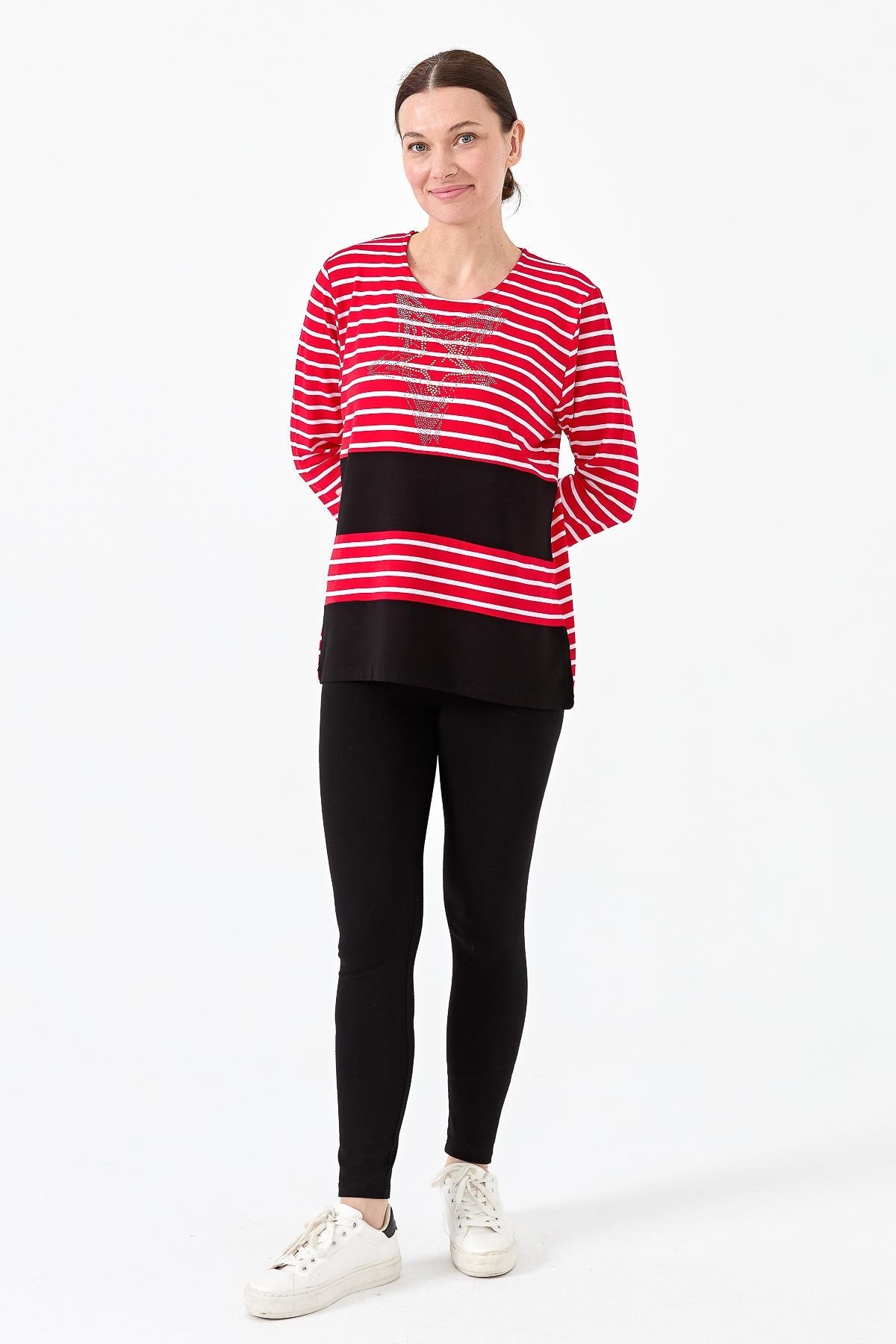 22770Kadın Sıfır Yaka Çizgili Önü Taşlı Penye Bluz Kırmızı