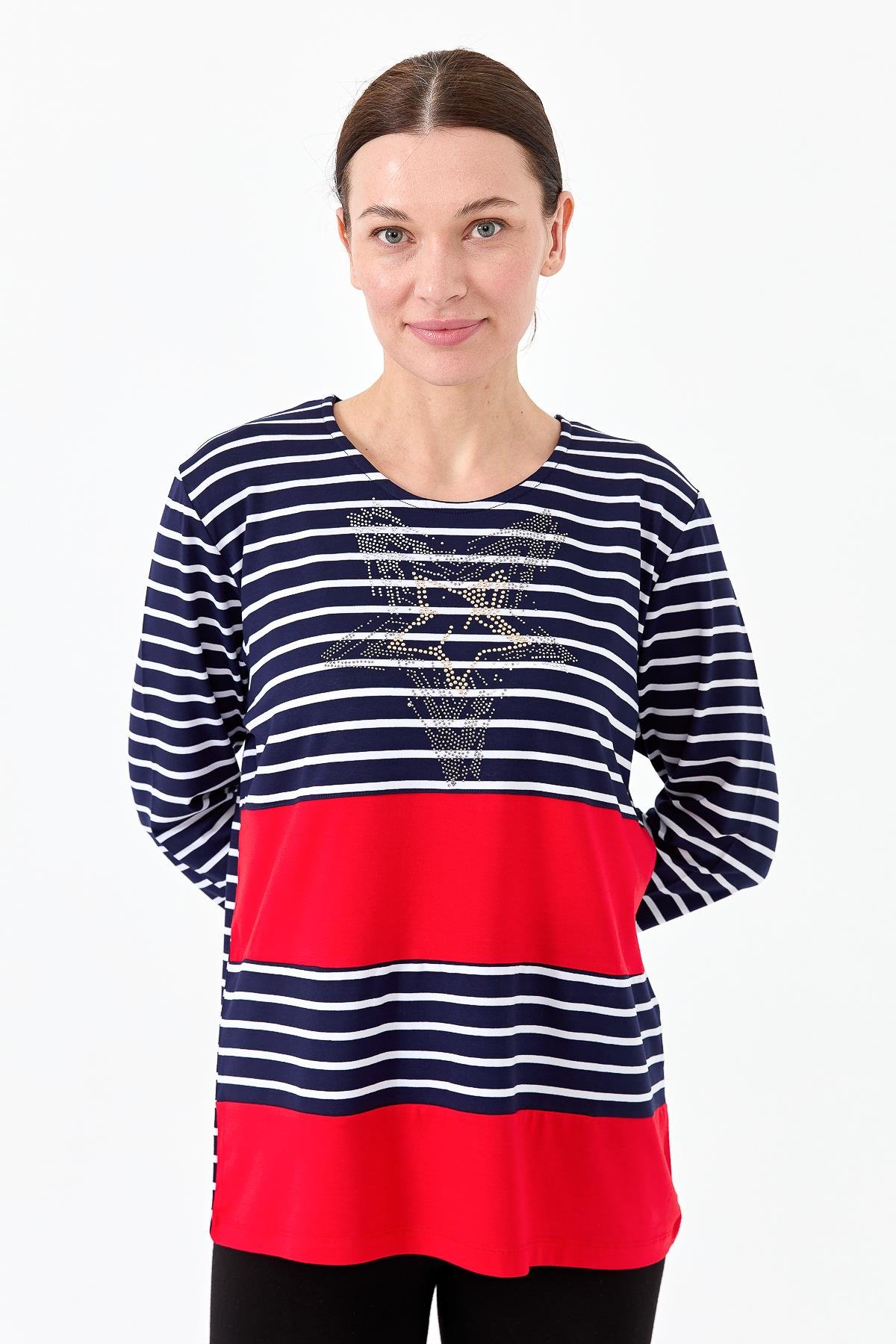 22770Kadın Sıfır Yaka Çizgili Önü Taşlı Penye Bluz Lacivert